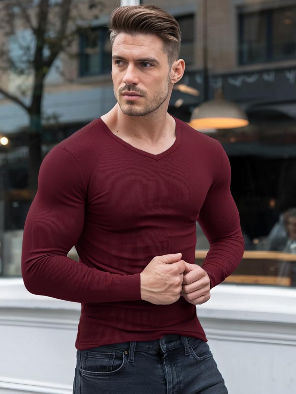 Men's Muscle T-Shirts V Neck Thermal Long Sleeve Tee Casual Ribbed Undershirts - Image 2