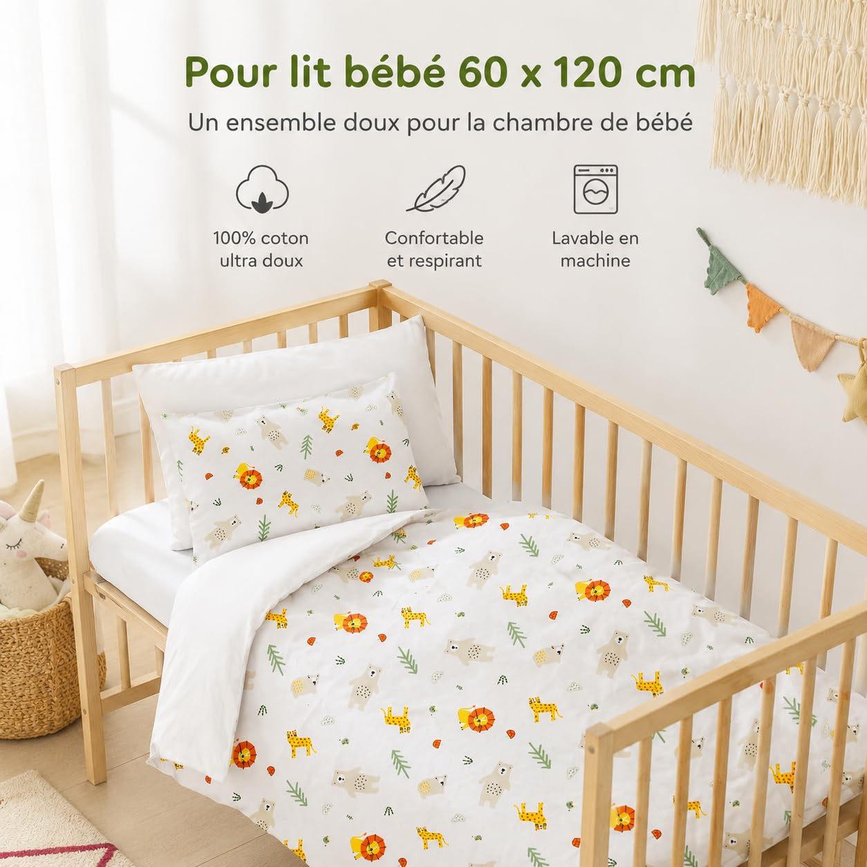 various Parure de Lit Bébé 90 x 120 cm, Motif Leo | Taie 40 x 60 cm,100 % Coton avec Fermeture Éclair, pour Lit 60 x 120 cm