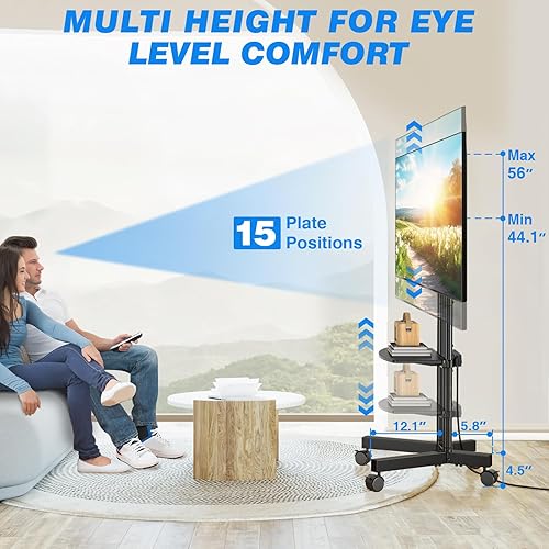 Miniatura 4 de Rfiver Carrito de TV móvil con toma de corriente para pantallas de 32 a 75 pulgadas, soporte de TV portátil con ruedas con ajuste de altura, soporte