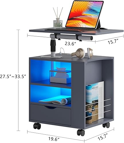 Miniatura 2 de HNEBC Mesita de noche LED con estación de carga inalámbrica, mesita de noche gris tiene mesa giratoria ajustable, mesitas de noche con un cajón y 2
