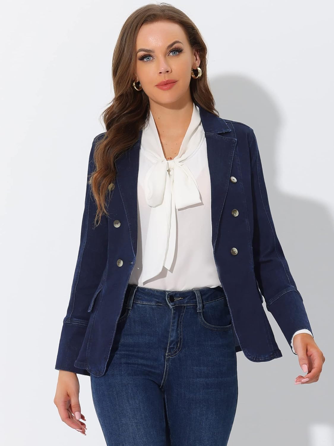 Allegra K Women's Jean Jacket Button Down Notched Lapel Long Sleeve Work Office Denim Blazer Jacket - Image 2
