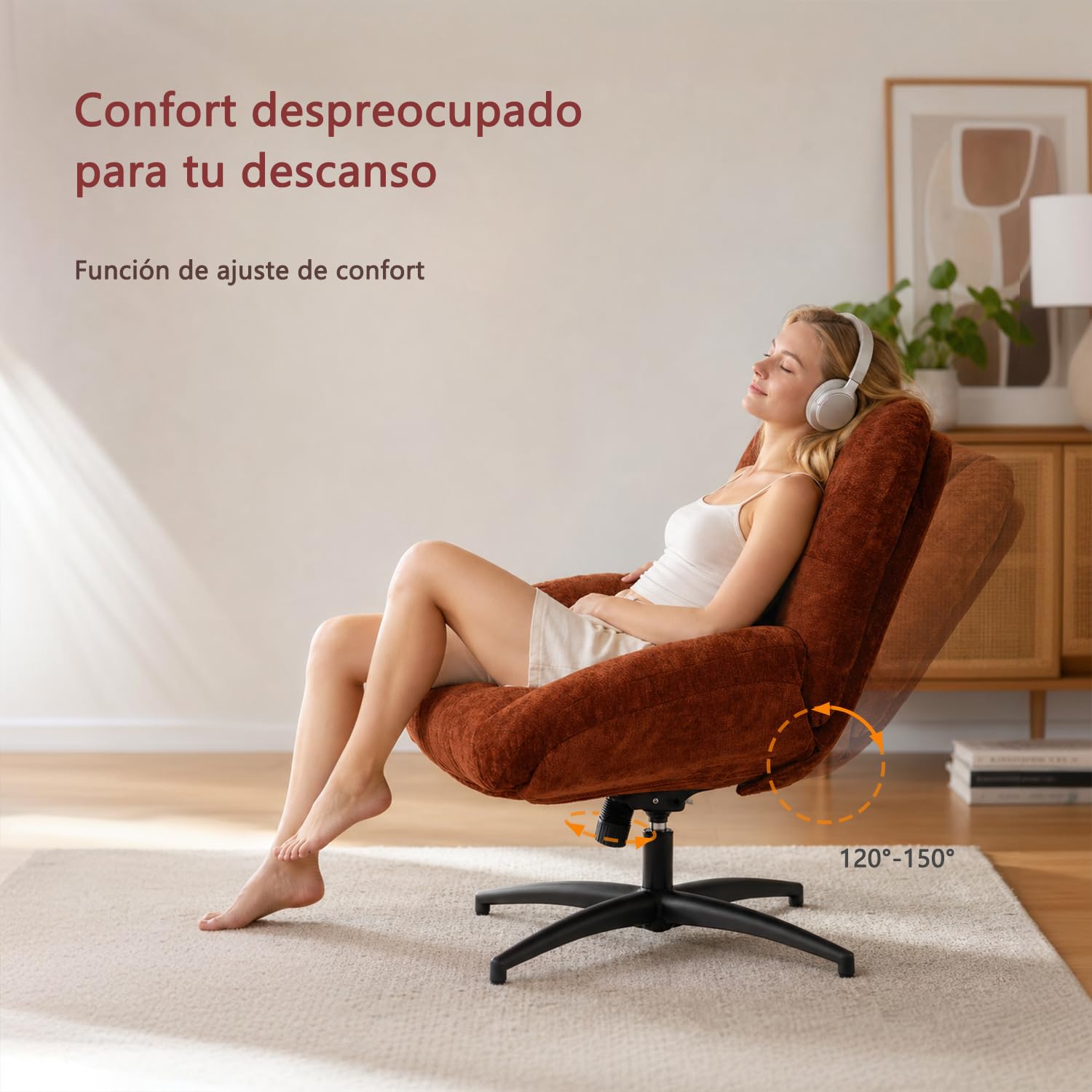 MEUBLE Cosy Sillón Giratoria Butaca de Salón con Altura Ajustable Función de Inclinación, Silla Lectura con Tapizado en Tela de Chenilla, Rojo