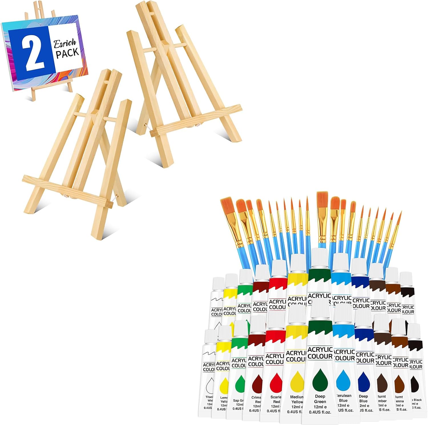 ESRICH 2 Pack 11.8 Inch Wood Easels and 2 Pack Acrylic Paint Set 12 Colors，2 Set Professional Painting，Painting Supplies kit for Kids & Adults to Painting Party