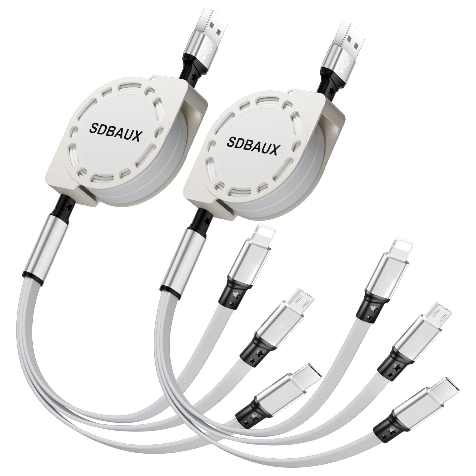 USB A to 3in1 充電ケーブル 巻き取り式 マルチ充電ケーブル 1m 充電コード 超高耐久 ライトニングケーブル タイプC マイクロ 3台同時充電iOS iPhone 17 16 15 14 13 12 11 Pro Max Air Android Type C Micro各種対応 (白)