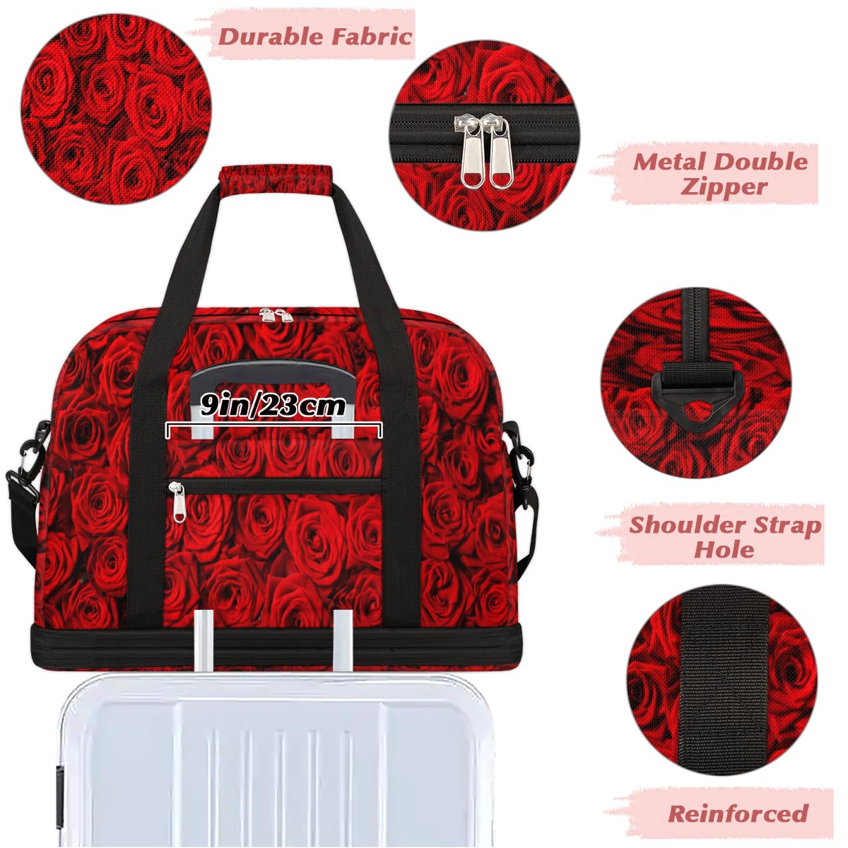 Bolsa de viaje plegable con diseño de rosas rojas de 47 l, bolsa de fin de semana con funda para carrito de transporte, bolsa de hombro separada para deportes, gimnasio, viajes, multicolor, 47L, Bolsa