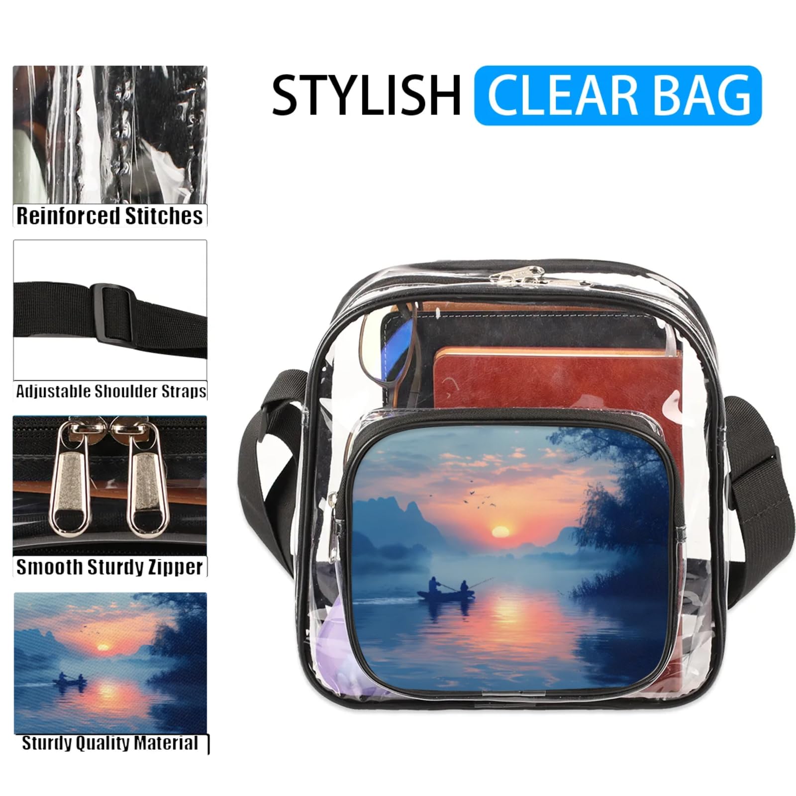 GzLeyigou Clear Crossbody Bag Stadium Approved Lake Transparent Bag for Festivals, Sports Events, Concerts,Beach Bag for Women Men Clear Purse with Front Pocket Messenger Bag with Adjustable Strap