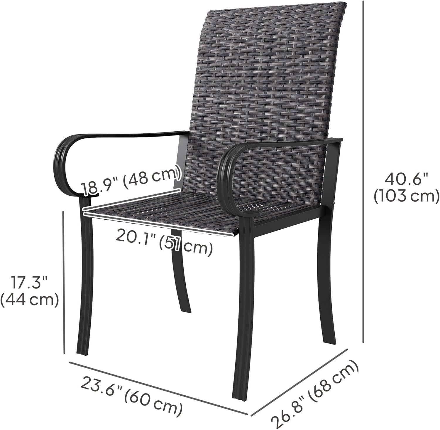 Outsunny Set of 2 Outdoor Wicker Dining Chairs, All-Weather Rattan Armchairs with Armrests, Steel Frame, High Back and Deep Seating, for Garden, Patio, Deck, Yard, Poolside, Brown