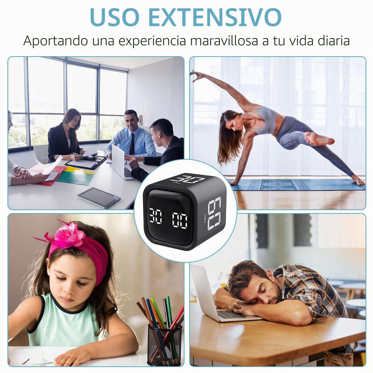 QUMOX Temporizador Cubo 5 10 30 60 Minutos, Temporizador Digital Recargable con Sensor de Gravedad, Modo Manual, Vibración y 2 Niveles de Volumen, Temporizador (Negro)