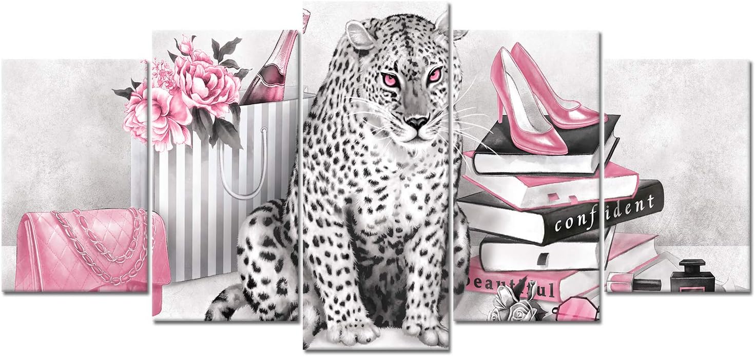 Kaloremore Black White Pink Fashion Leopard Canvas Wall Art Prints Glam High Heel Shoes Books Poster Giclee Prints Picture for Woman Bedroom Girl Gift Makeup Room Decoration
