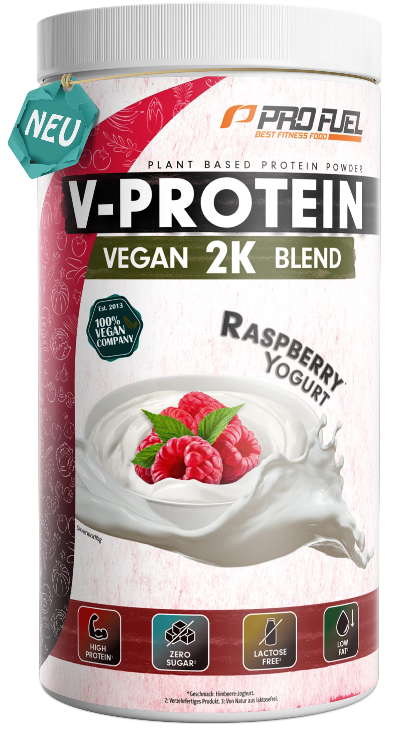 Veganes Proteinpulver Himbeere-Joghurt 1kg - unglaublich lecker & cremig - Vegan Protein 2K Blend ohne Soja - mit hochwertigem Reisprotein + Erbsenprotein - pflanzliches Eiweißpulver mit 76% Protein