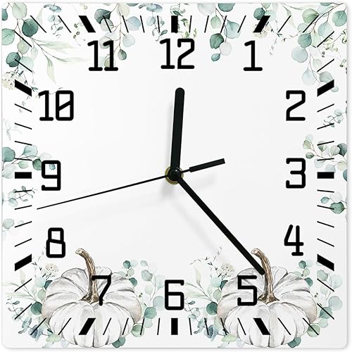 Thanksgiving Wooden Wall Clock Silent Non Ticking, White Pumpkins Watercolor Eucalyptus Laves Fall Square Wall Clock Battery Operated, Decor Clock
