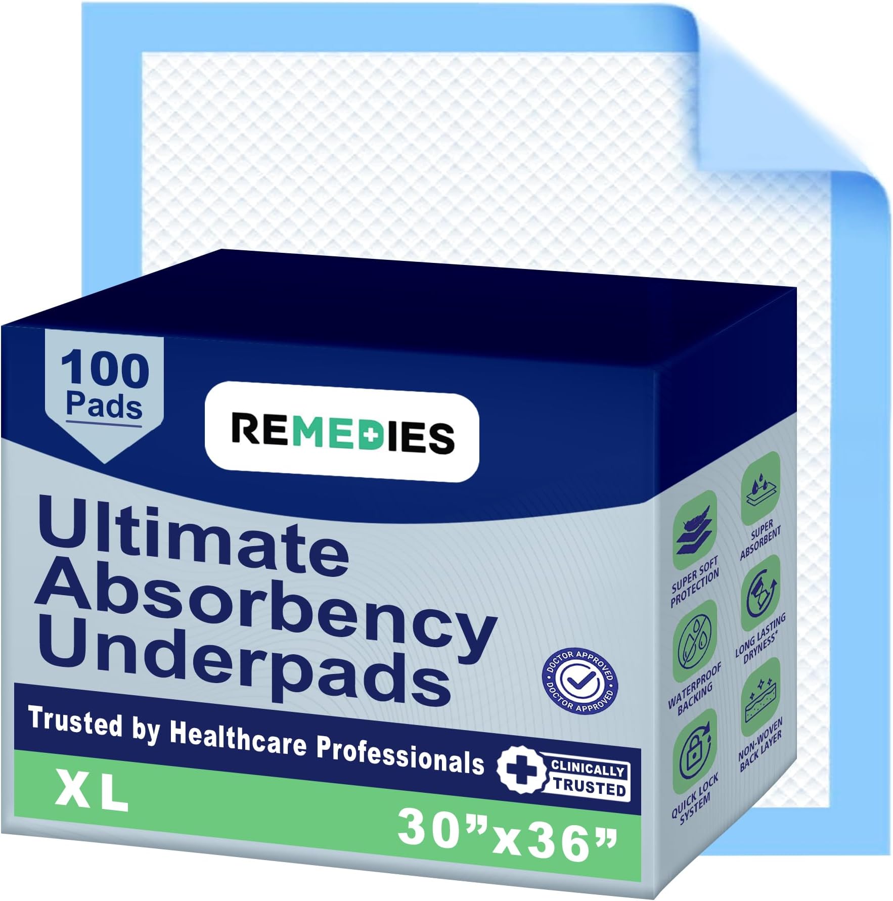 REMEDIES Disposable Underpads, Super-Absorbent Under Pads, 76 x 91 cm, 85 Gram, 3G Sap (100 Count)