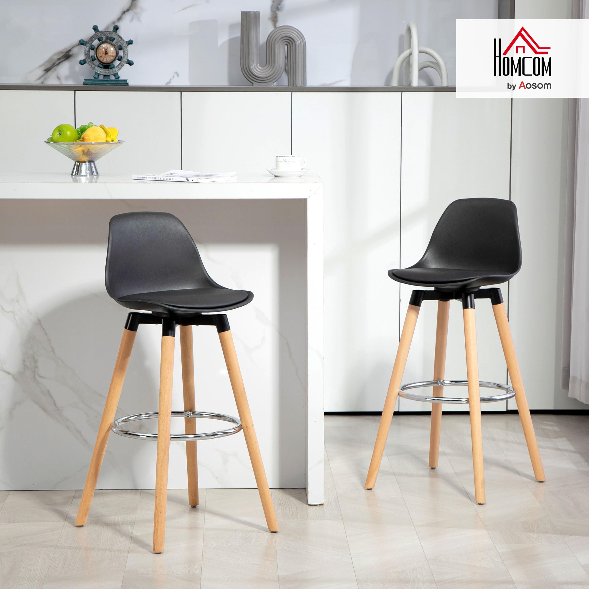 HOMCOM Set 2 Sgabelli Bar in PU Moderni, Seduta Alta 69 cm Imbottita Nero