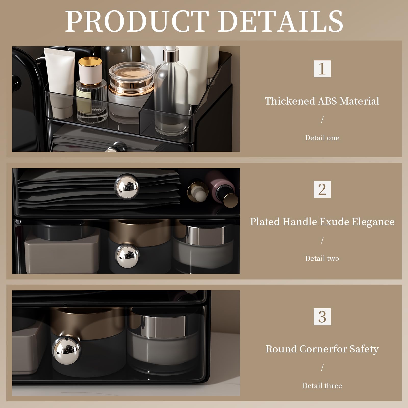 Organizador de brochas de maquillaje con tapa a prueba de polvo de cierre completo, organizador de cosméticos de tocador con 2 cajones para tocador o encimera de baño
