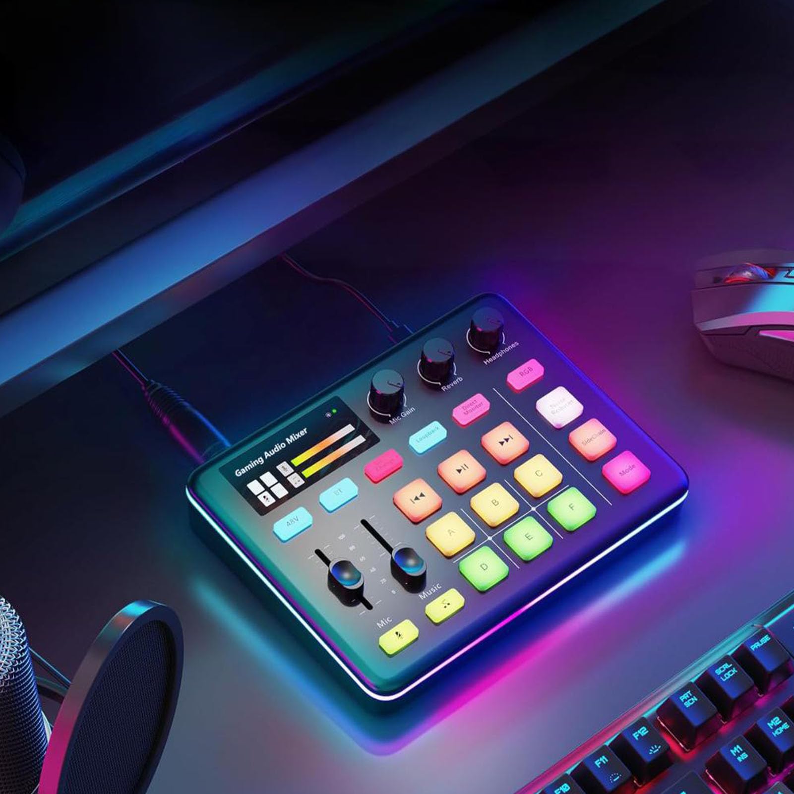 Annadue RGB Gaming Sound Mixer, Bluetooth 5.0 Live Sound Card con 13 Botones de Efectos, Mezclador de Audio USB Tipo C para Transmisión, Podcasting, PC.