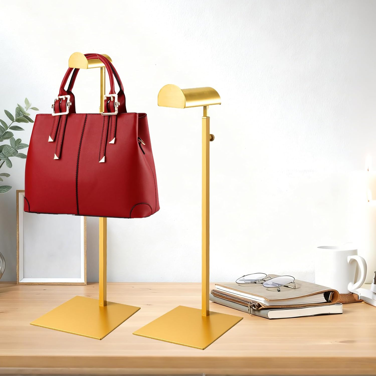 Purse Display Stand 3PCS Handbag Bag Stand Purse Rack Golden Stainless Steel Hanging Hook Stands Vendors Tabletop Adjustable Height Organizer Home Store Boutique Counter