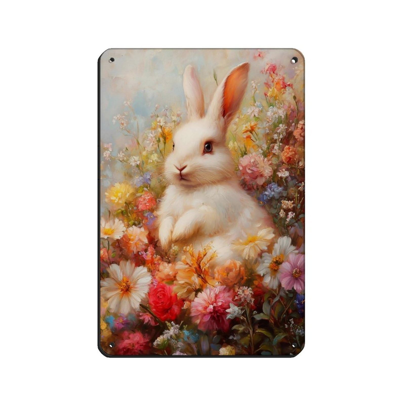 Whimsical Bunny in Blooming Garden Oil Painting Tin Sign Vintage Metal Pub Club Cafe Bar Home Wall Art Decoration Poster Retro 8x12inch(20x30cm)
