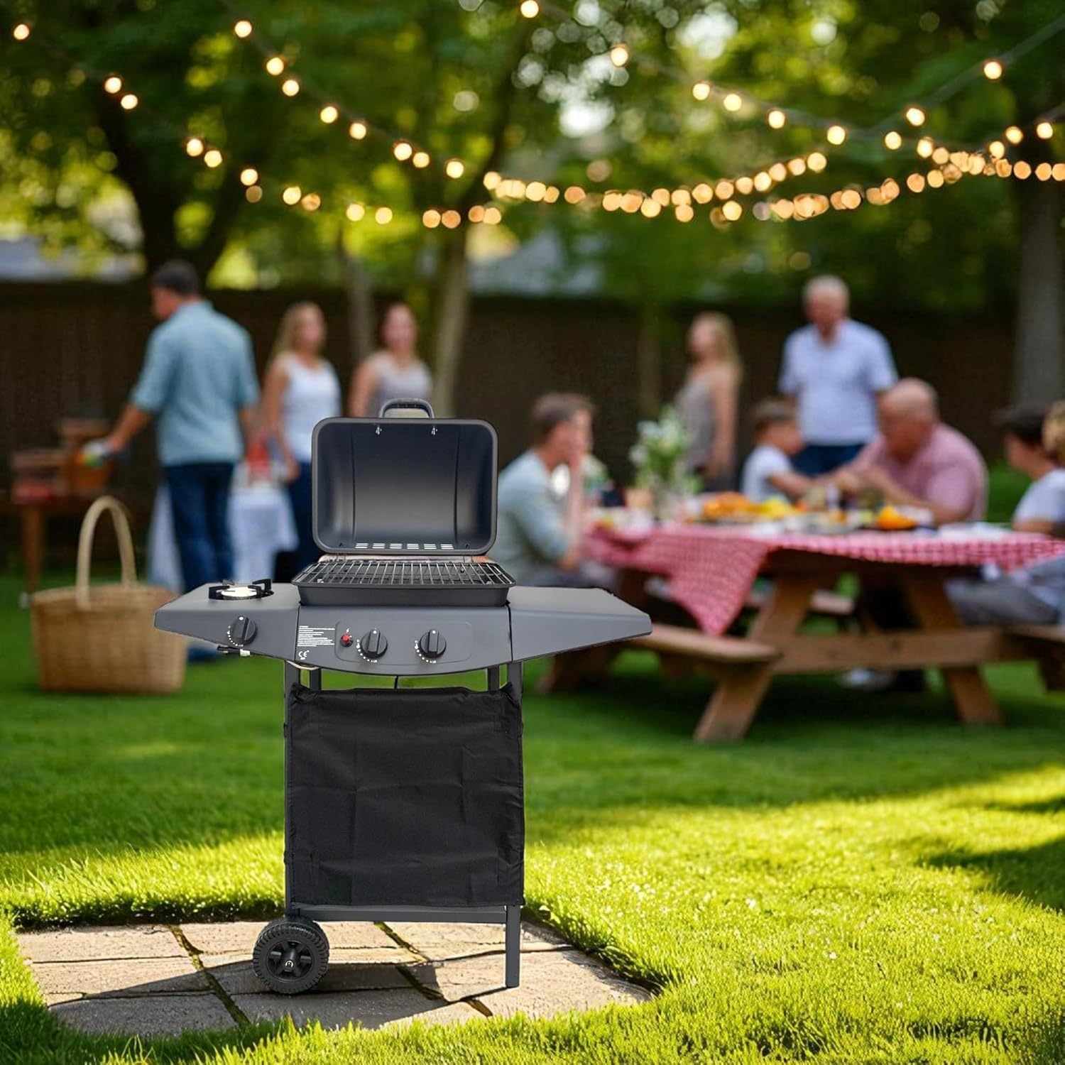Barbecue a Gas con 2 Fuochi, Piano Laterale e Fornello, Griglia in Acciaio, a Pietra Lavica e Ruote per Trasporto Ideale per Giardino e Terrazzo