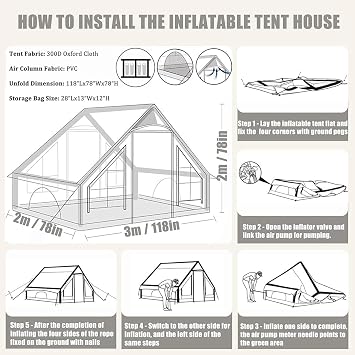 Inflatable Tent House 3-5 Person Family 4 Season Air Tent for Camping, Outdoor Blow Up Tents with Hand Pump, Glamping Tents Large Vestibule, Waterproof and Windproof with Mesh Windows, Quick To Set Up