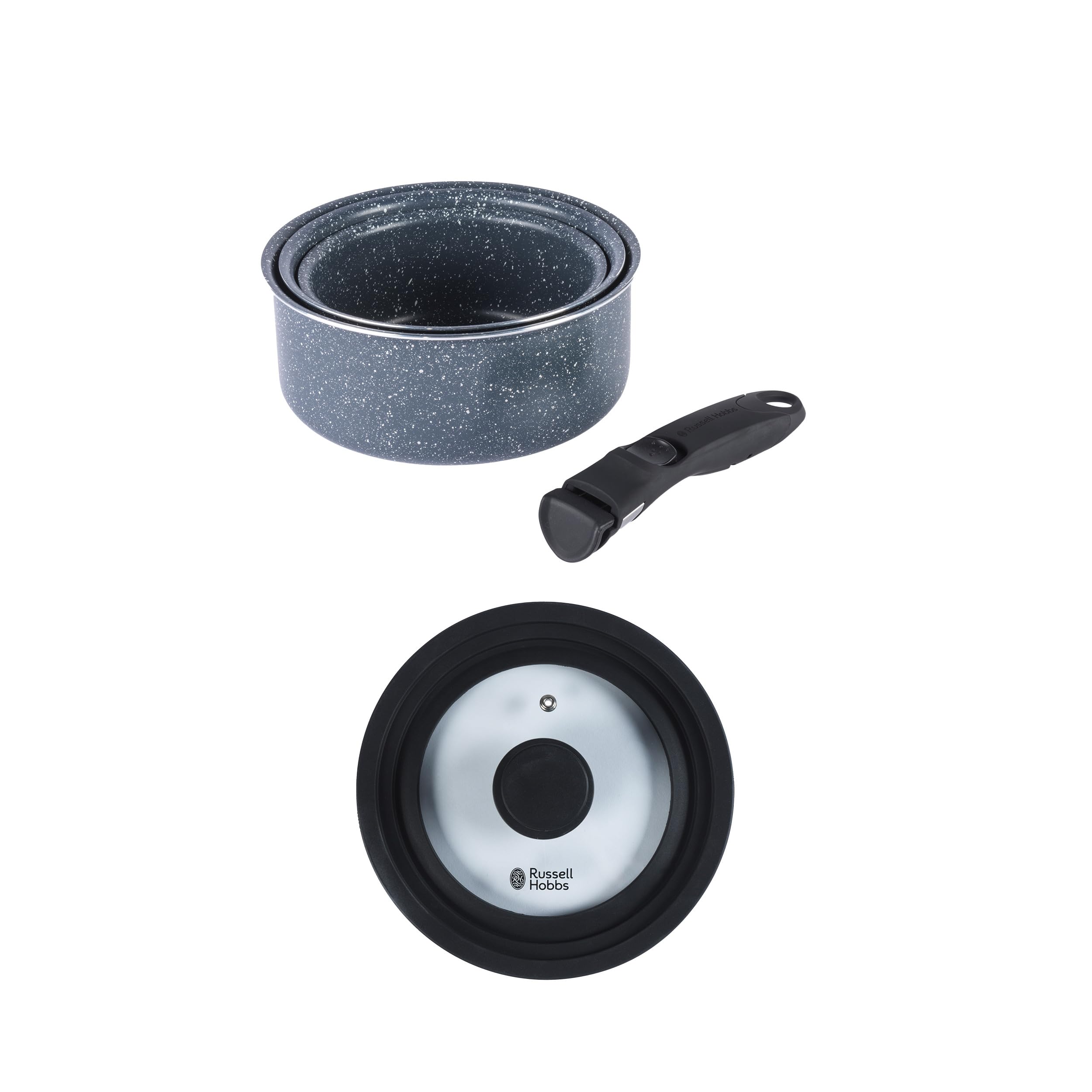 Russell Hobbs Smart Clip 4-Piece Saucepan Set – 16/18/20 cm Cooking Pots with Clip-On Stay Cool Handle, Stackable Design, Easy Storage, Oven Safe, Non-Stick, Universal Glass Lid Included