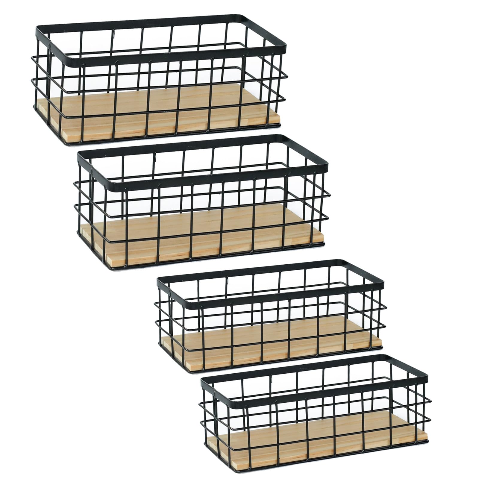 Acrux7 Paquete de 4 cestas de alambre de metal, cestas de almacenamiento de alambre negro con base de madera desmontable, cesta rectangular de cables de montaje en pared para cocina, baño, despensa