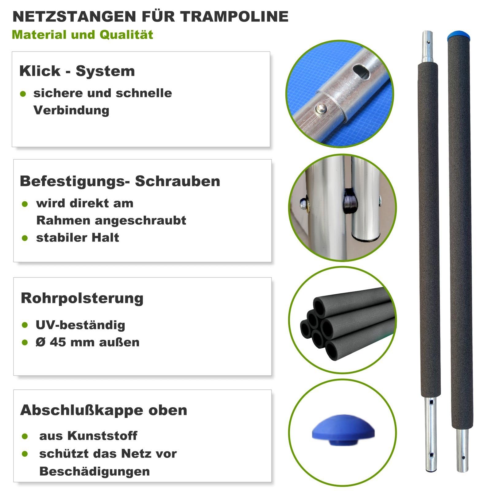 Trampolin Netzstangen (KN-SM) Verschiedene Längen für Trampolin Oudoor 183 244 250 275 300 305 335 366 370 396 400 427 430 457 460 487 490 cm Trampolin Stangen Ersatz