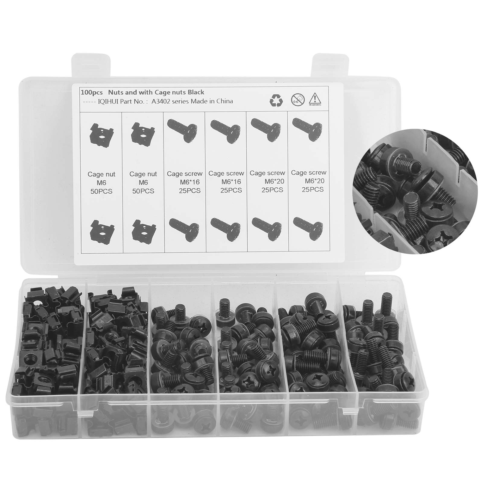 Set di viti dadi a gabbia M6, hardware di montaggio in acciaio al carbonio, kit di dadi a gabbia neri con 100 dadi e 100 viti, per rack, chassis, controller, armadi, veicoli,