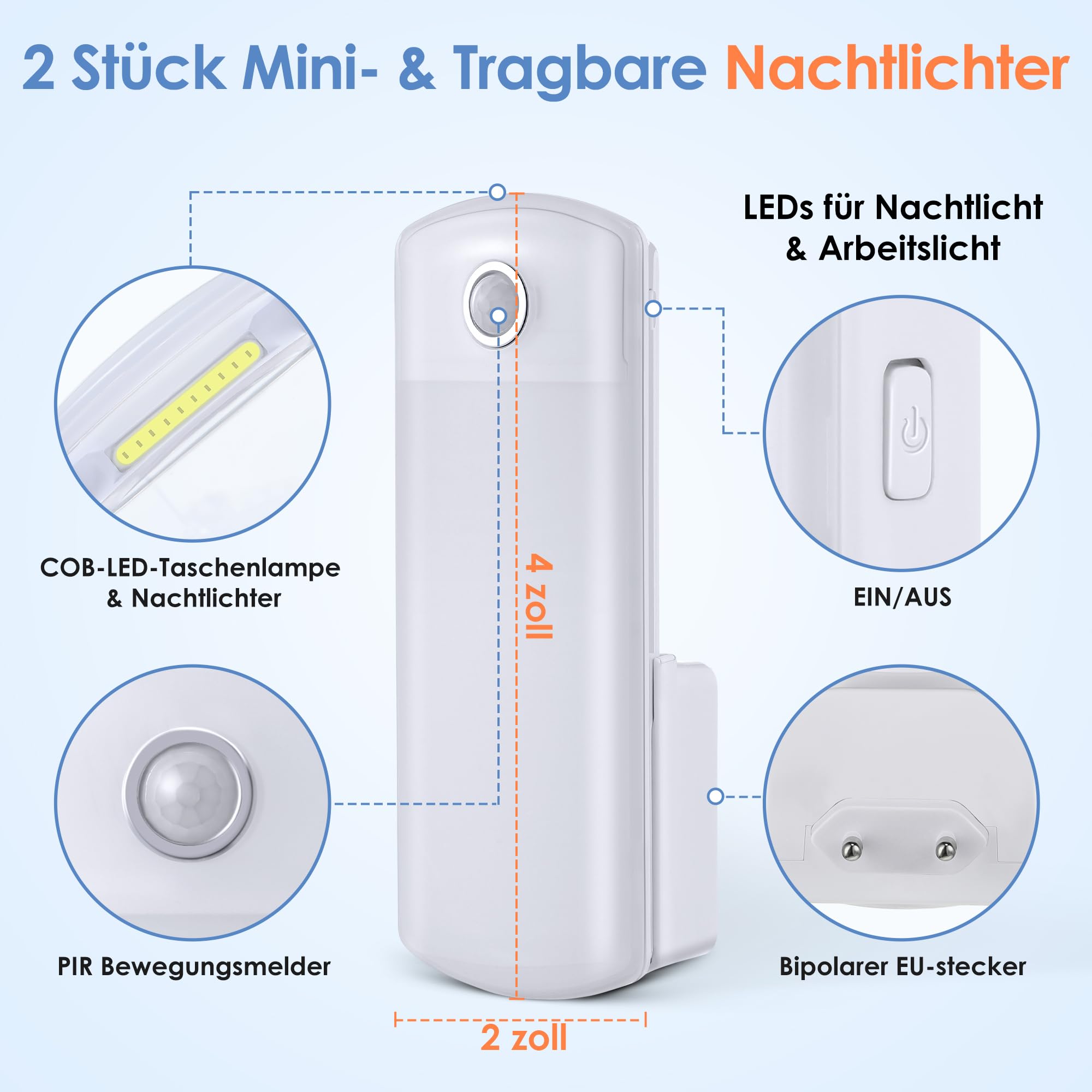 Enhon 2 Lámparas Nocturnas con Detector de Movimiento Linternas de Noche con Sensor Luces de Emergencia con Enchufe EU Foco LED 4 en 1 Extraíble con Batería para Corte de Energía Huracán