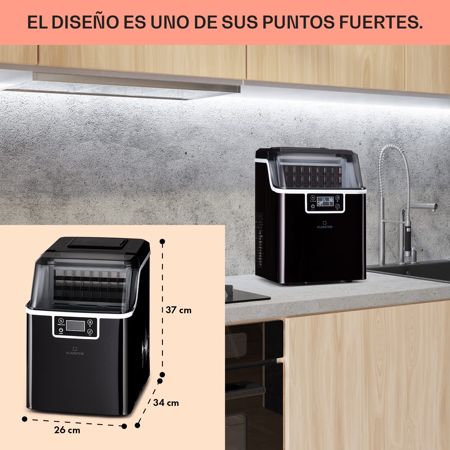 Klarstein Maquina de Hielo para Encimera, Maquina Hacer Cubitos de Hielo Domestica, Producción 20 kg., Depósito Agua Capacidad 3,2 l. Auto Limpieza, Ice Maker Sobremesa, Hielo Grande y Pequeño