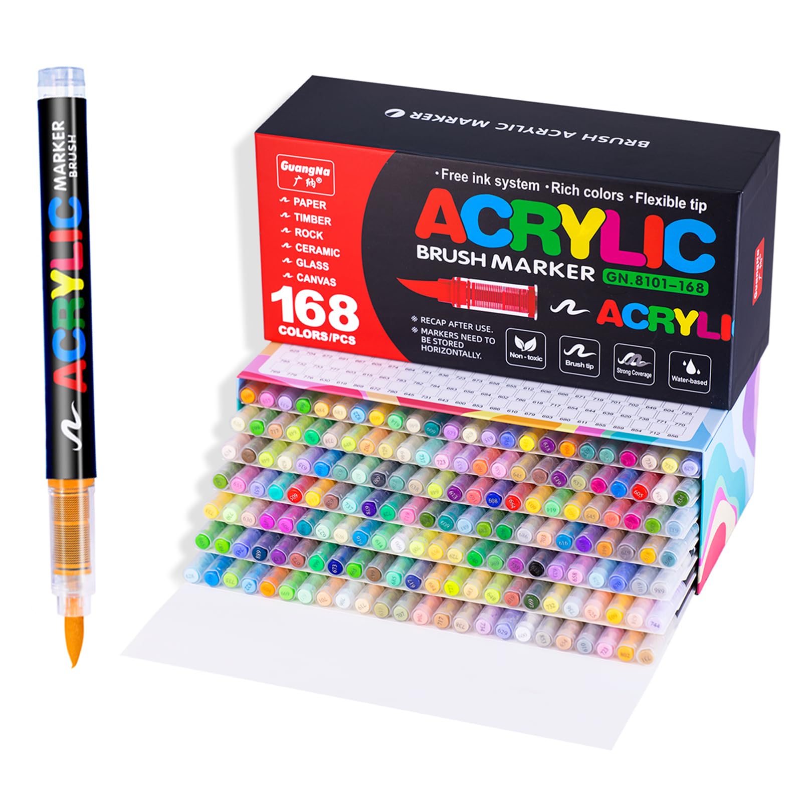 Guangna Acrylic Paint Markers,168 Colors with Direct-Liquid Ink Control System, Professional-Grade Paint Pen for Rock Painting, Canvas, Glass, Plastic, Fabric & Creative Crafts
