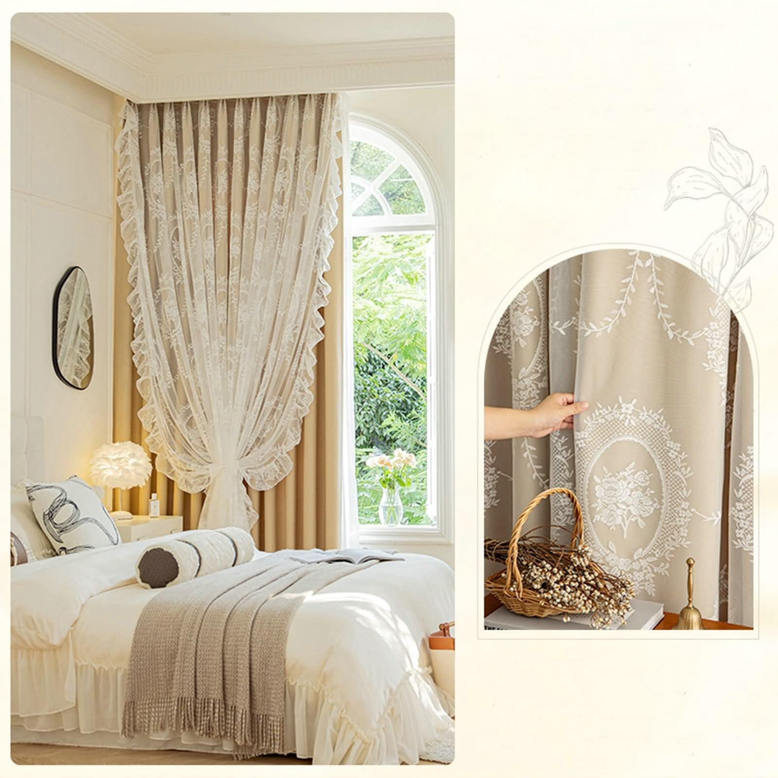 Mała zasłona kuchenna zaciemniająca, beżowa dwuwarstwowa zasłona do kuchni boho z kwiatowym haftem poliester 2 panele 132W x 214 l cm
