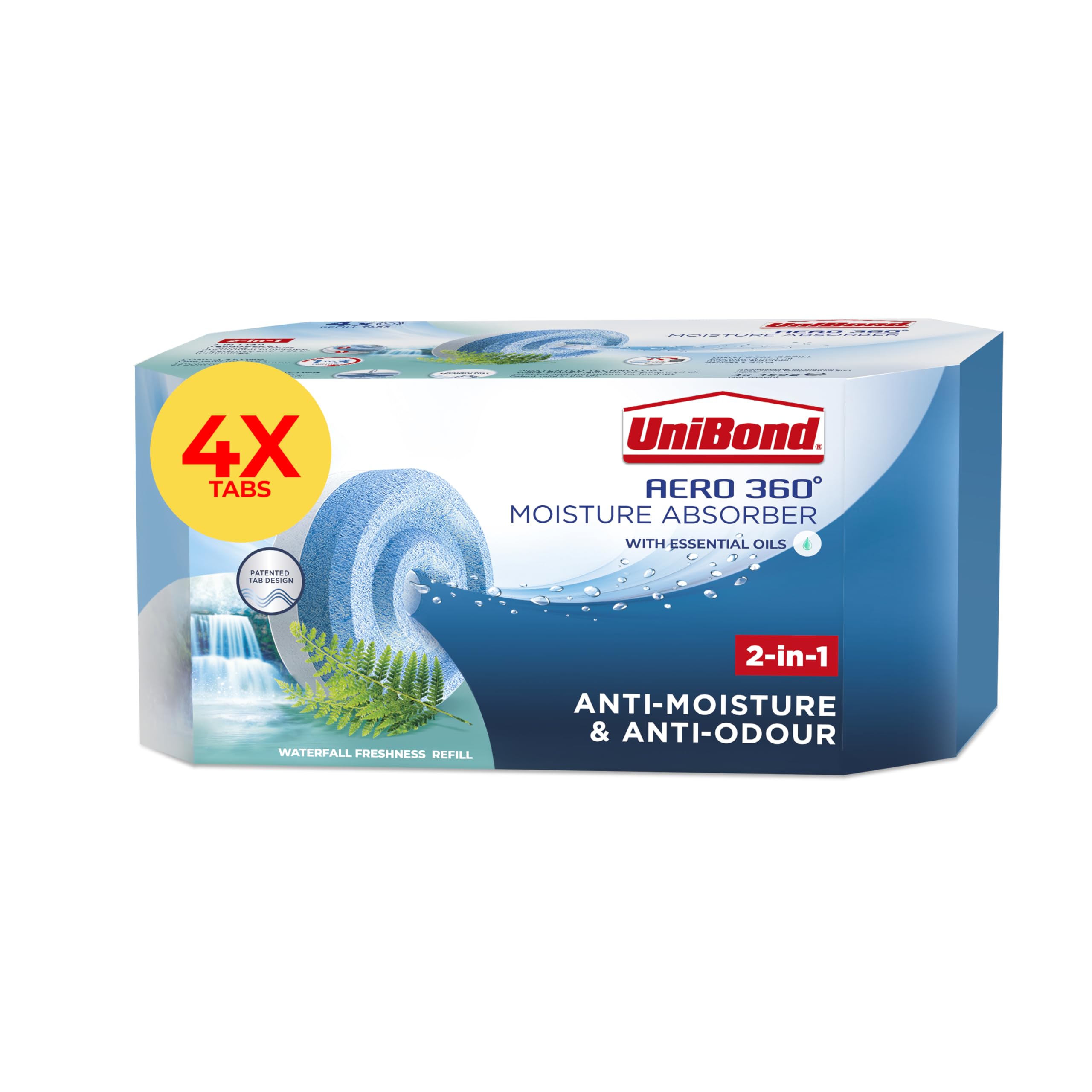 AERO 360° Moisture Absorber Waterfall Freshness Refill Tab, Aromatherapy, Ultra-Absorbent and Odour-Neutralising, for AERO 360° Dehumidifier, Condensation Absorbers, Four Pack (4 x 450g)