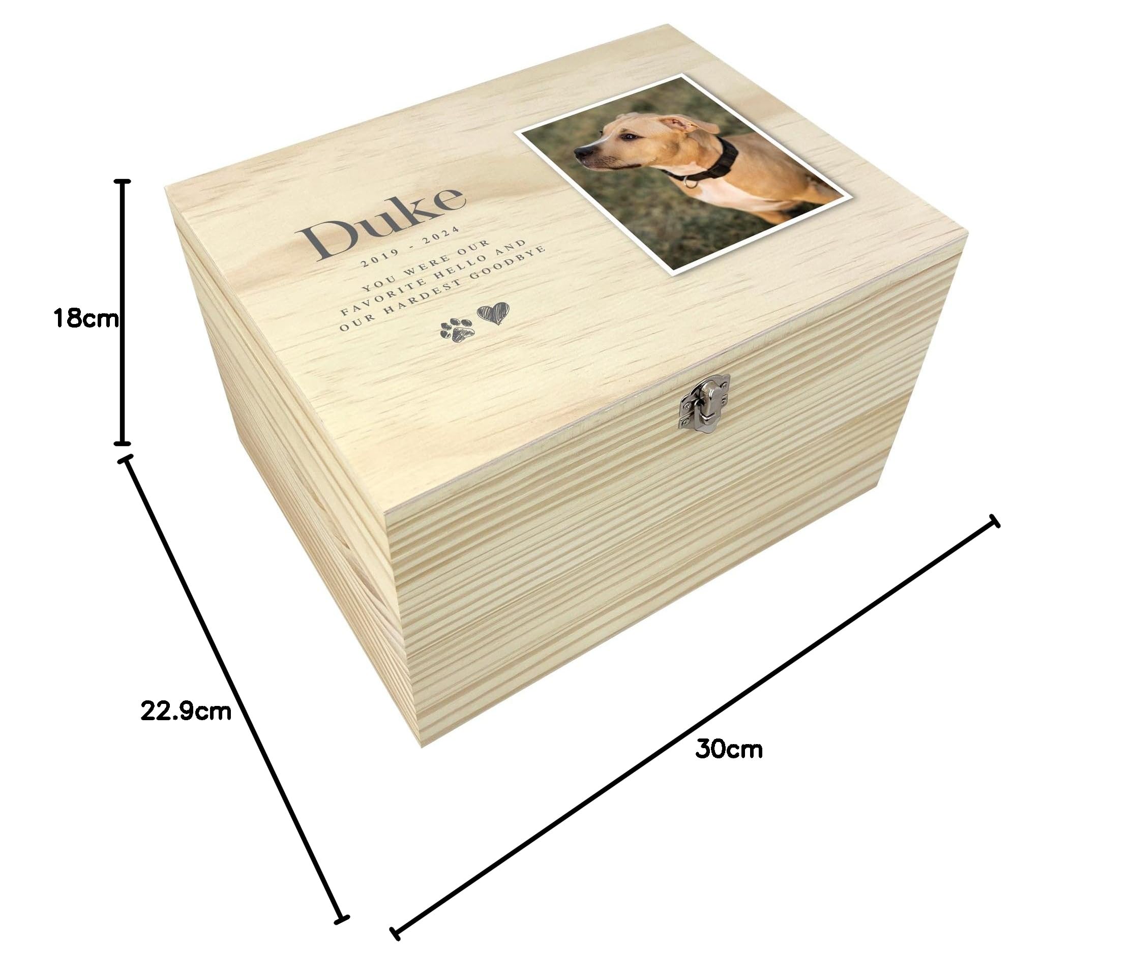 Scatola commemorativa per animali domestici, in legno, con cerniere e chiusura in metallo, 30 x 23 x 18 cm