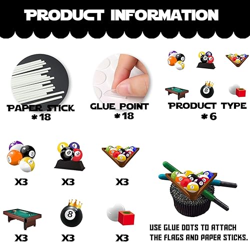 Miniatura 4 de 18 piezas de decoración de postre de billar con purpurina, decoración temática deportiva, suministros de decoración para hombres, niños y niñas,