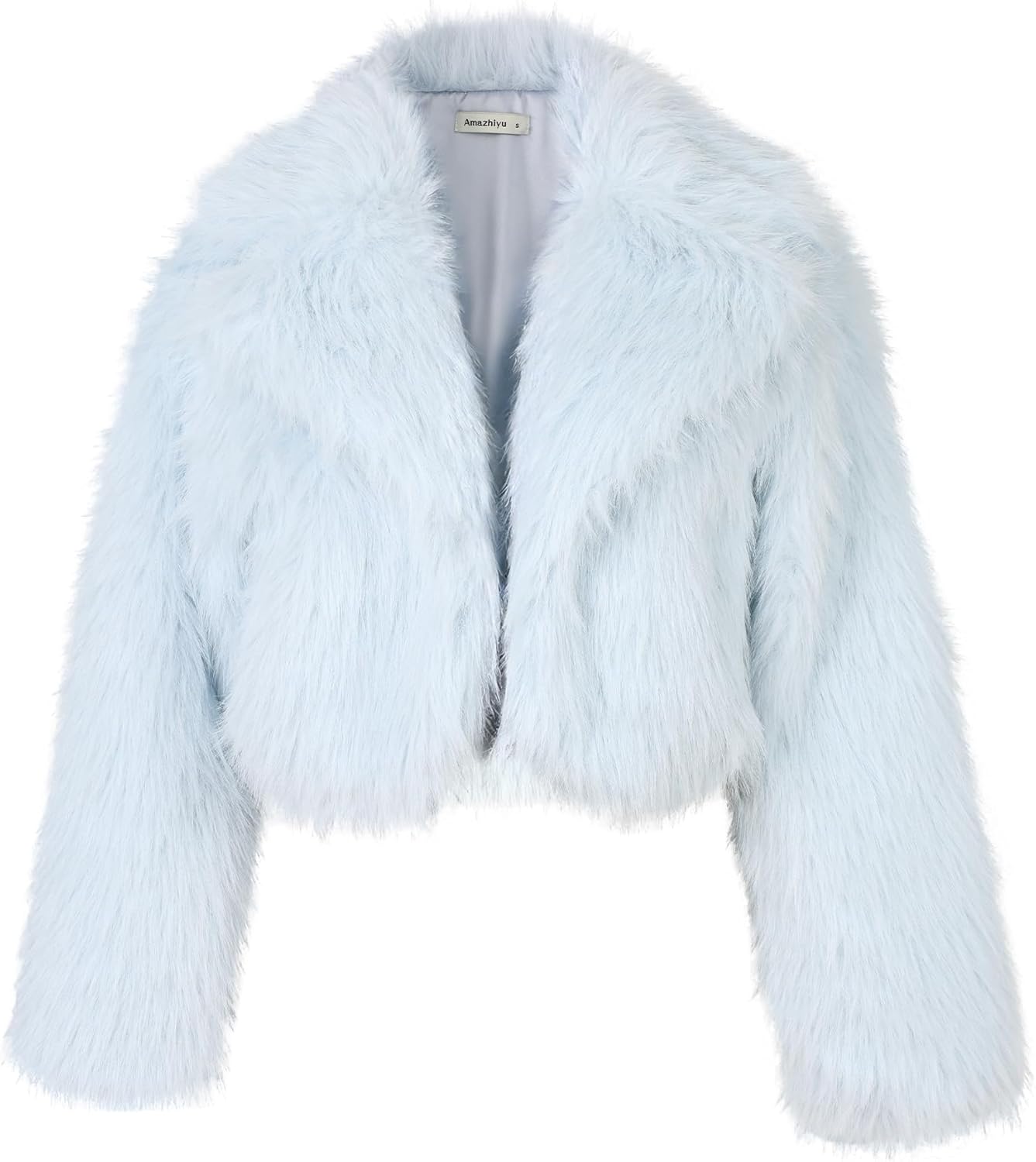 Amazhiyu Women's Faux Fur Crop Lapel Jackets Open Front Long Sleeve Coat Pockets
