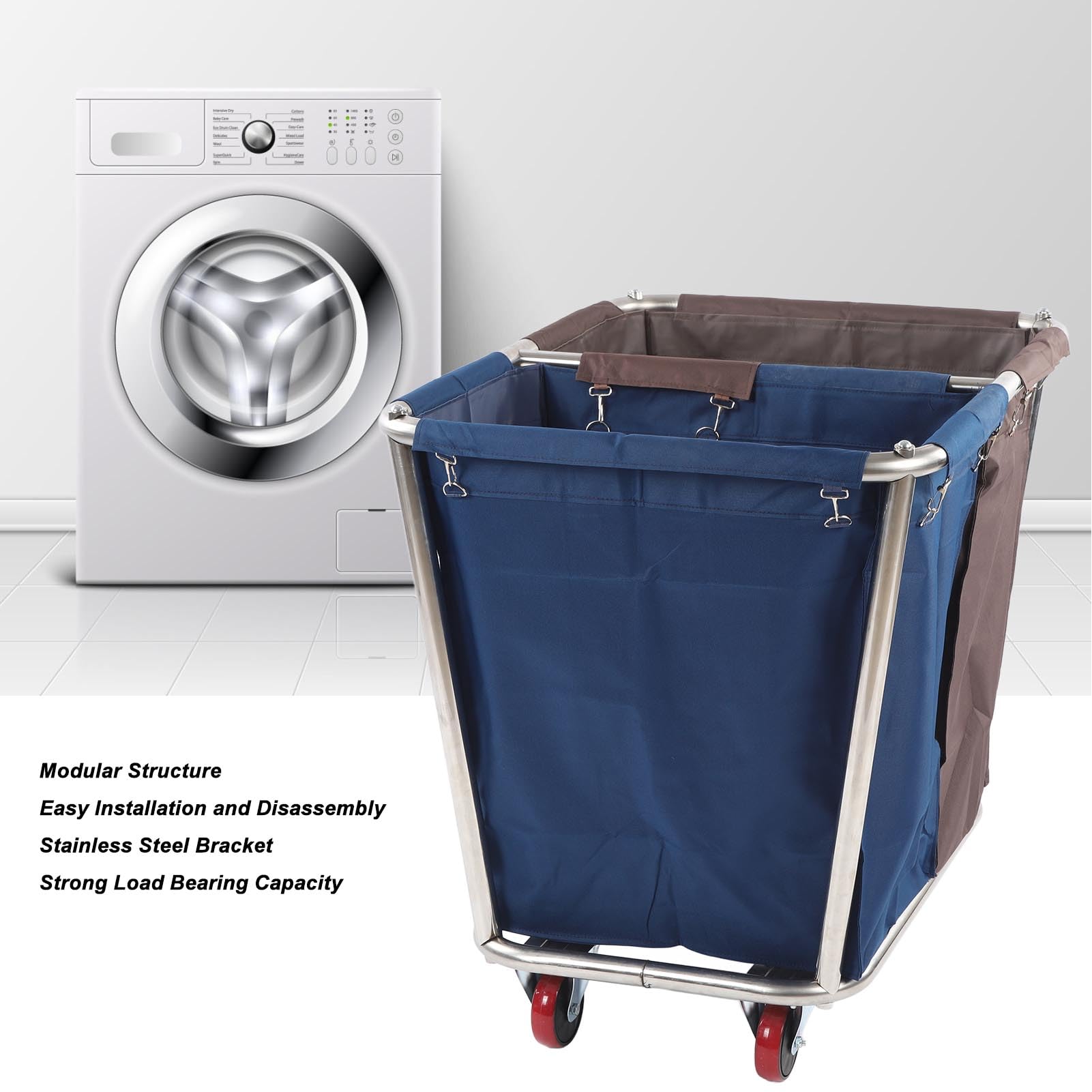 Carrello portabiancheria con 4 ruote, acciaio inossidabile, 2 sacchetti di stoffa, struttura modulare, selezione a secco bagnato, scene applicabili