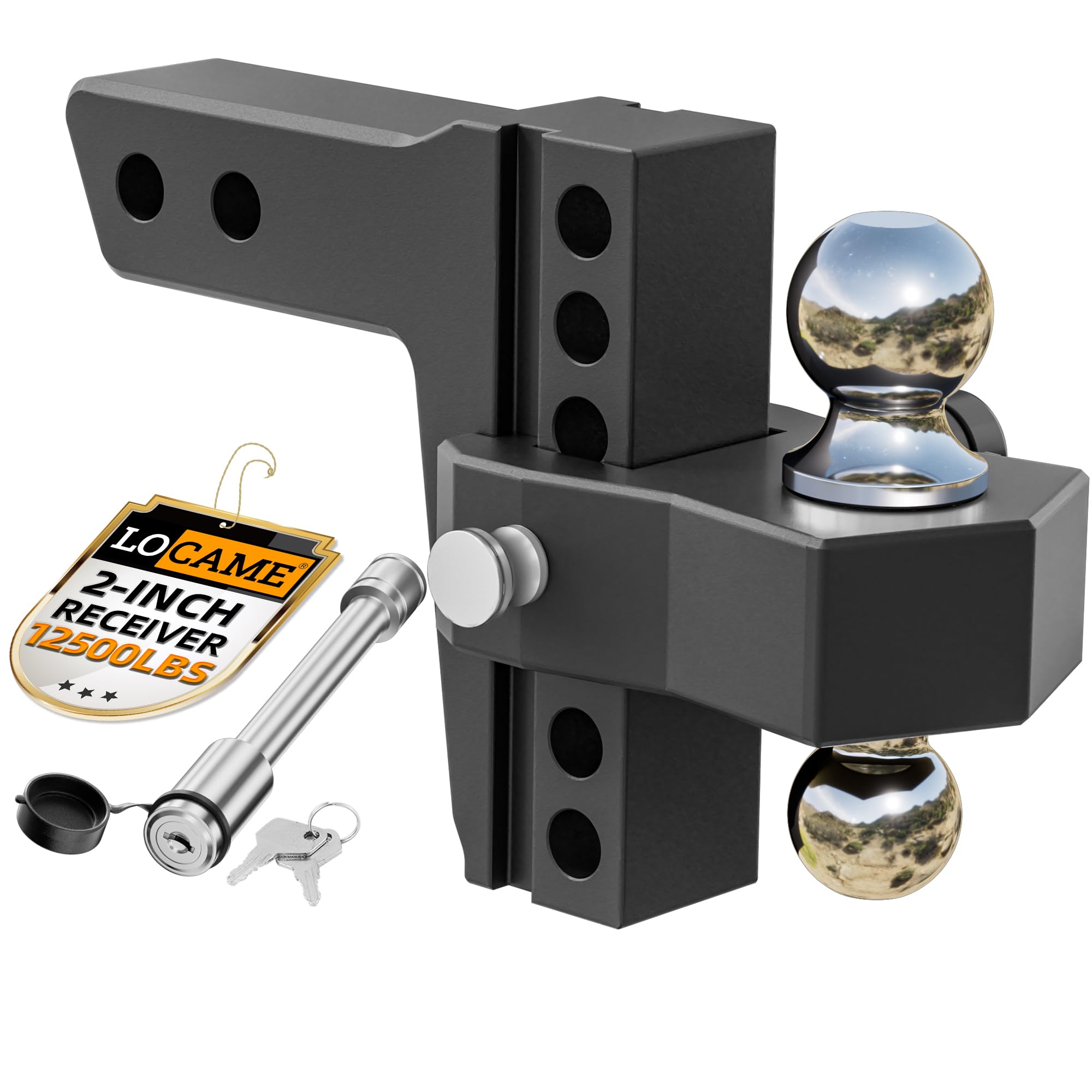 LOCAME Adjustable Trailer Hitch, Fits 2-Inch Receiver, 6-Inch Drop/Rise Aluminum Drop Hitch,12,500 LBS GTW-Tow Hitch for Heavy Duty Truck with Double Stainless Steel Locks, Black, LC0024