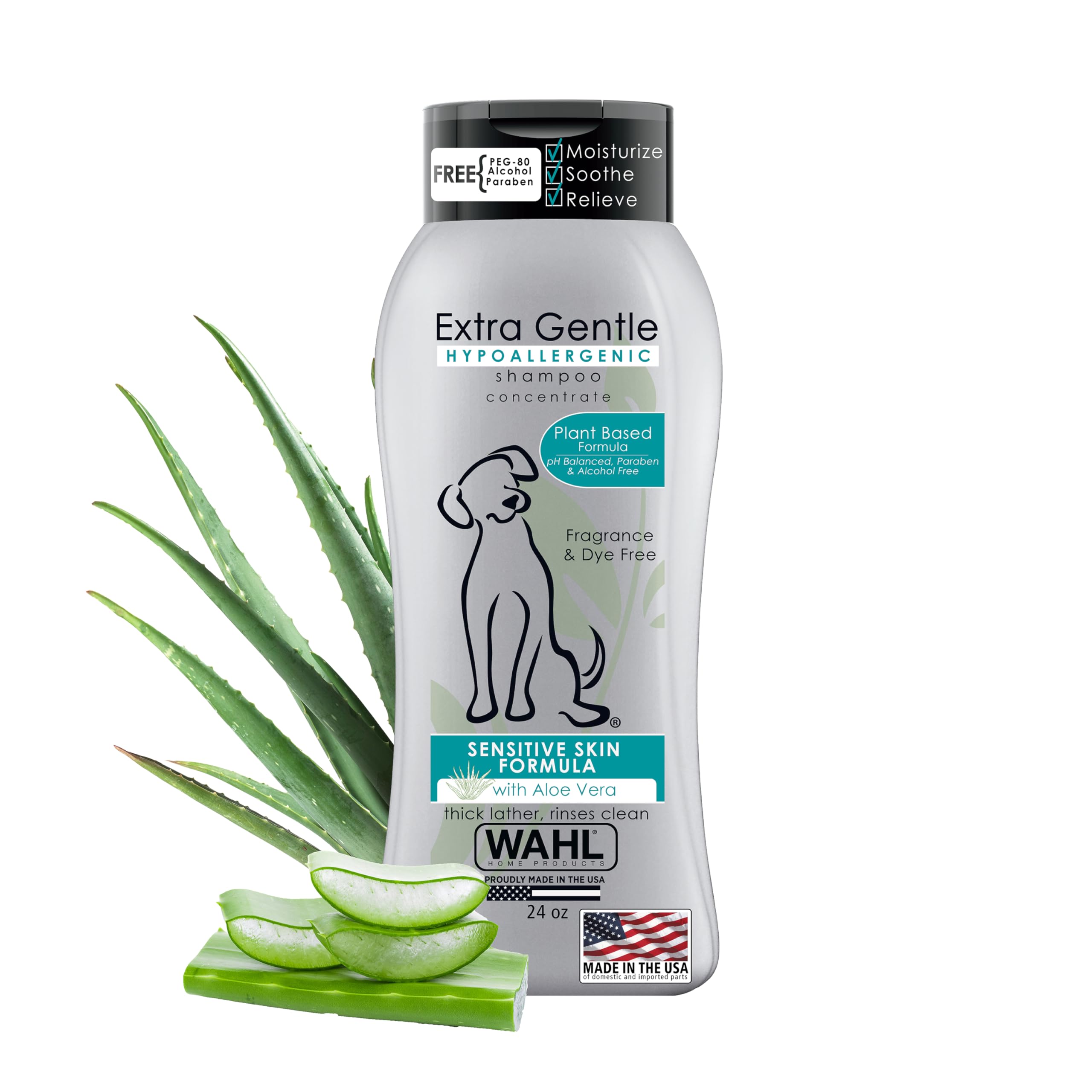 Wahl USA Extra Gentle Hypoallergenic Dog Shampoo – Aloe Based for Sensitive Skin - pH Balanced, Alcohol Free, Paraben Free, PEG-80 Free Formula - Fragrance and Dye Free, 24 Oz – Model 3025811