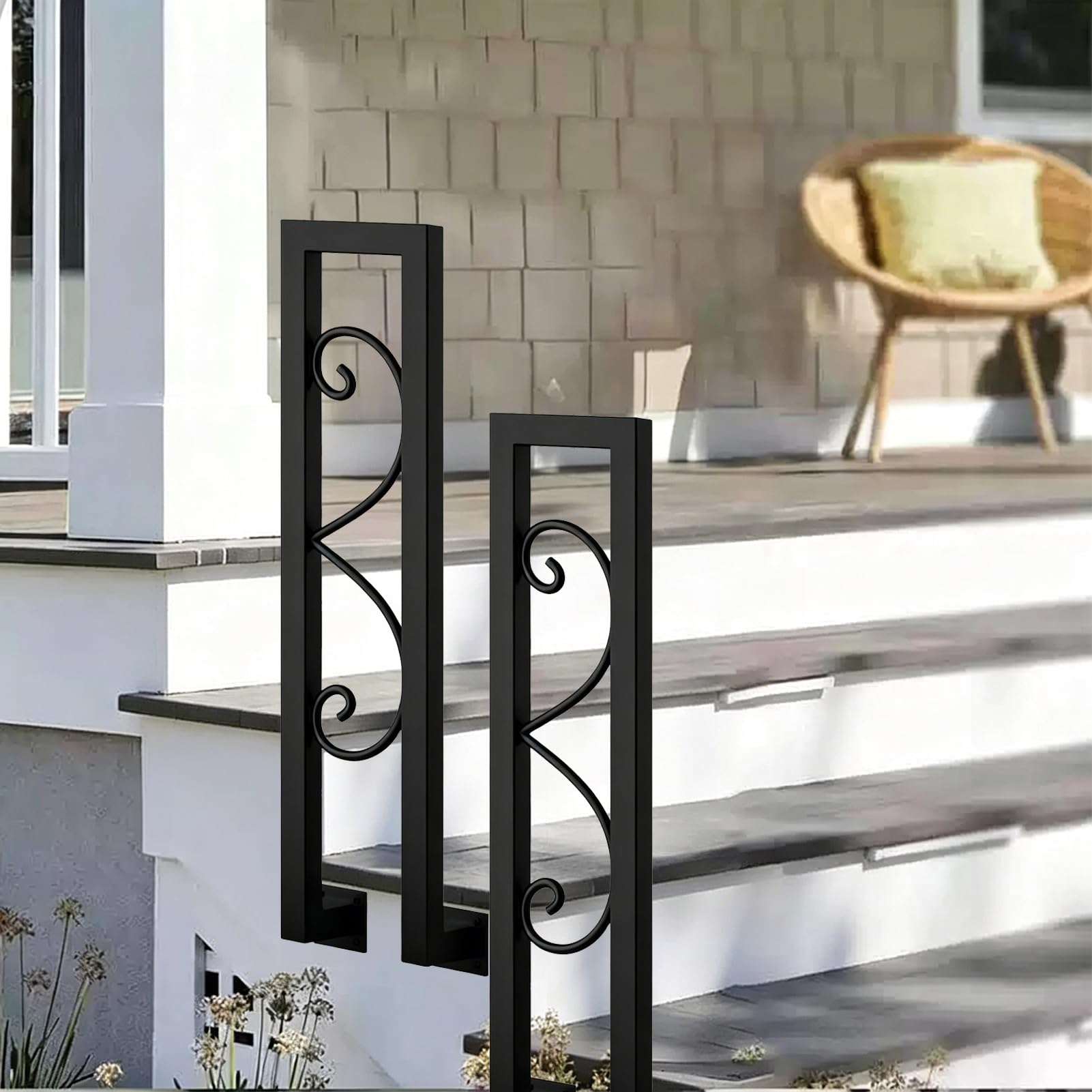 Stair Railing for Outdoor Indoor Steps, U-Shaped Side Wall Transitional Handrail Fits 1 Step, Black Metal Wrought Iron Staircase Balustrade(85cm/33in)