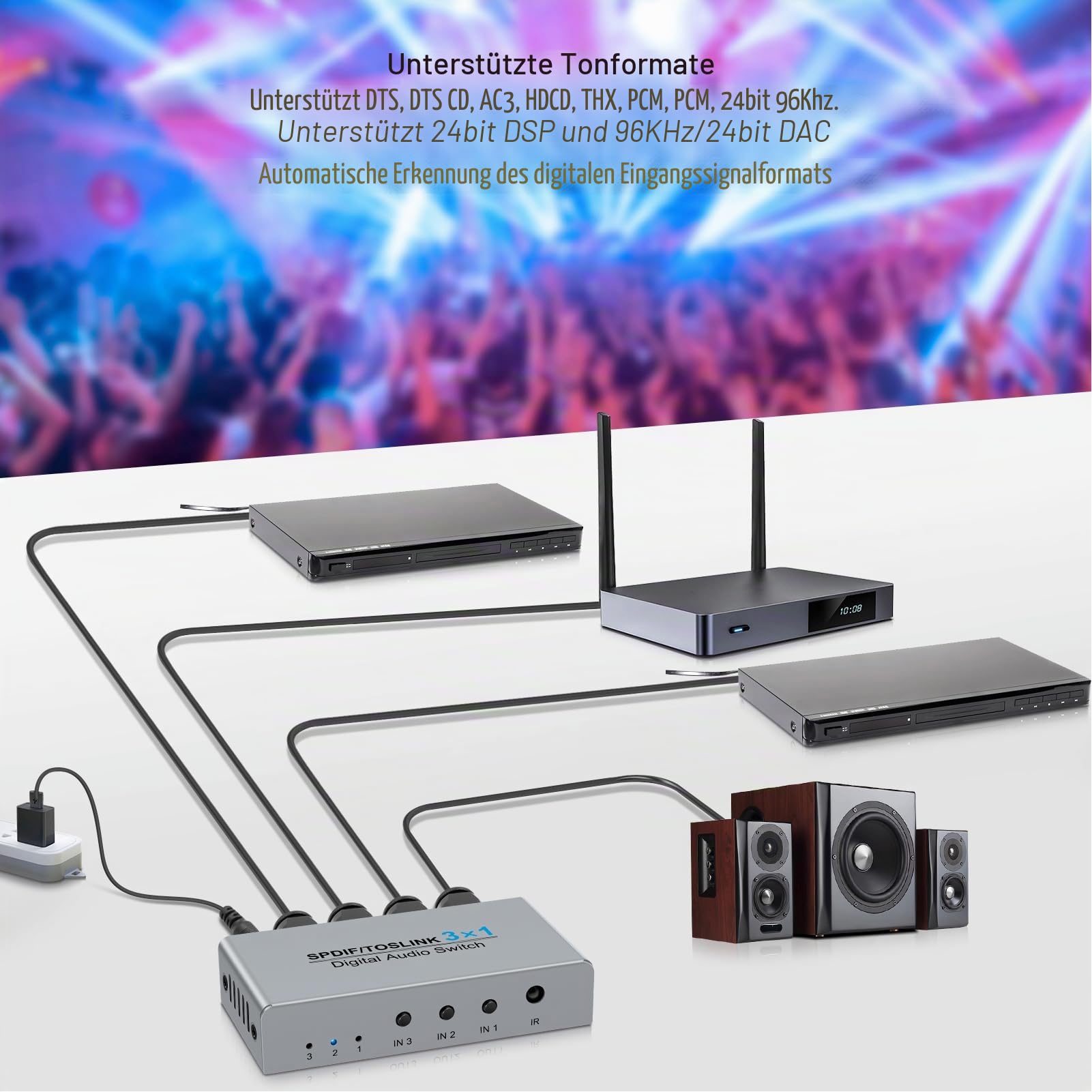 Digitaler Optischer Audio-Umschalter 3x1, 3 Ports SPDIF Toslink Switch Box mit Fernbedienung, Unterstützt AC3/HDCD/THX/PCM, für TV, PC, für PS5, für PS4, für PS3, für