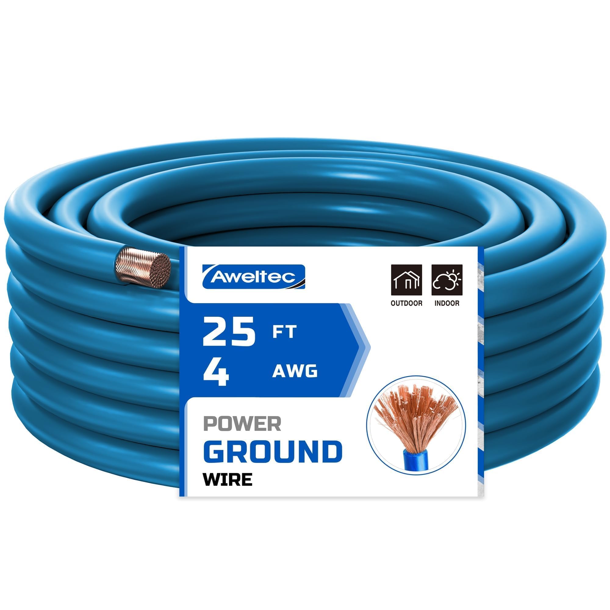AWELTEC 4 Gauge Wire, 25 Feet Blue Power Ground Cable, Primary Automotive Wire, Copper Clad Aluminum for Battery Cable, Car Audio, Amp Wiring,