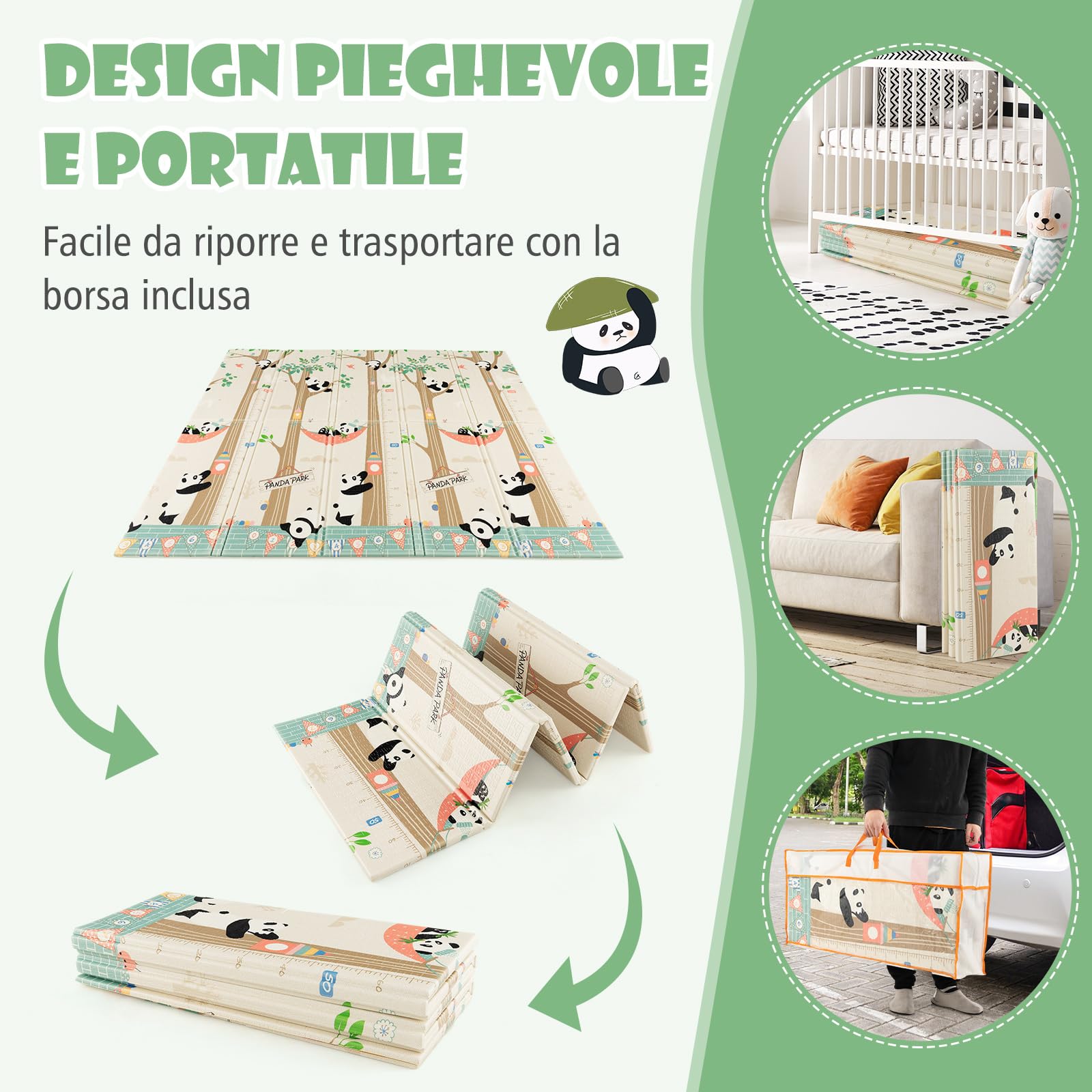 COSTWAY Tappeto Gioco per Bambini Pieghevole, Tappeto per Pavimento Grande da 200 x 180 cm con Borsa da Trasporto per Interni ed Esterni, Tappeto Impermeabile e Reversibile per Bambini, Neonati