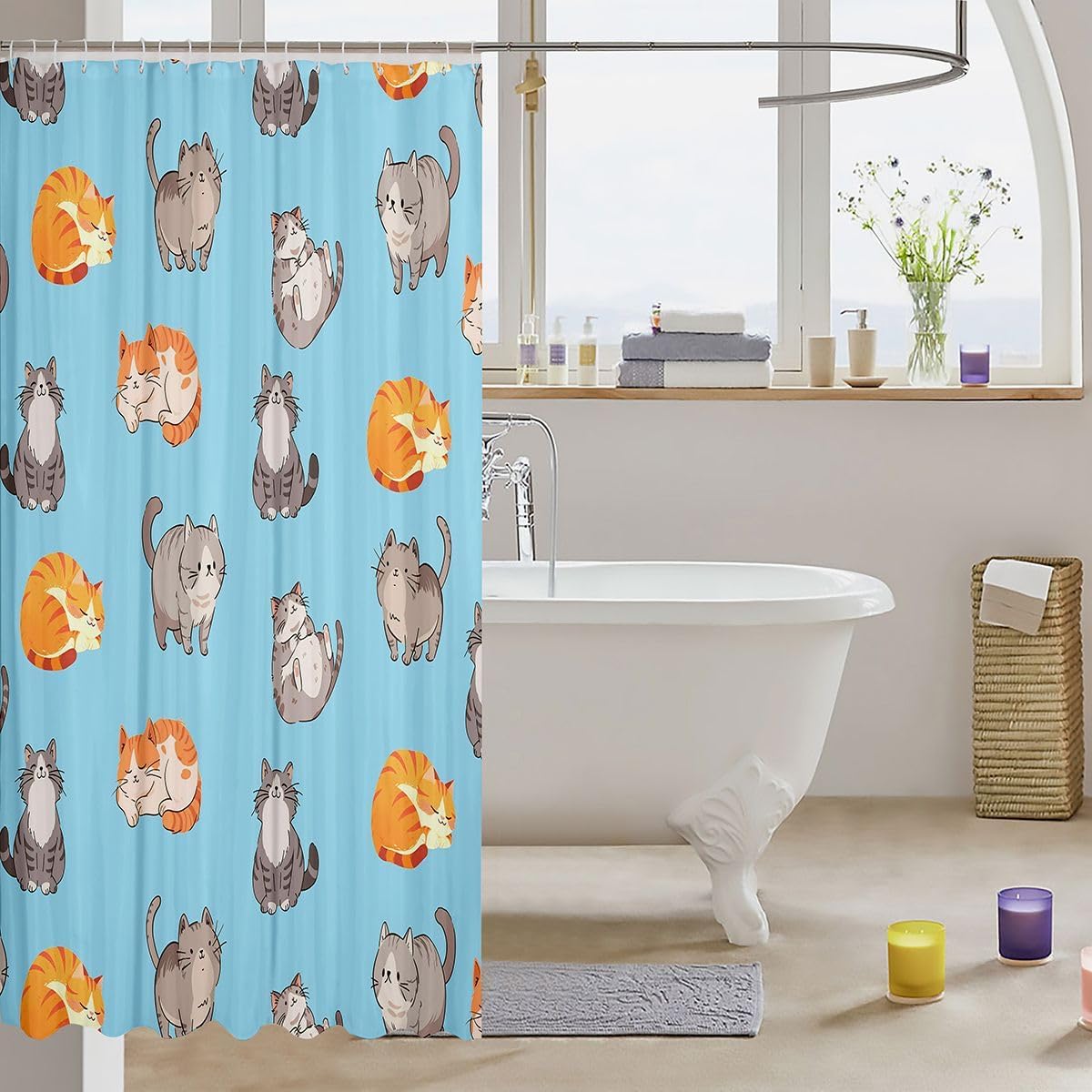 Erosebridal Cats Bathroom Curtain Cute Kitten Shower Curtain 72" W X 72" L Cartoon Pets Animals Bathroom Accessories for Kids Adults Funny Cat Fabric Shower Curtains Blue image 3