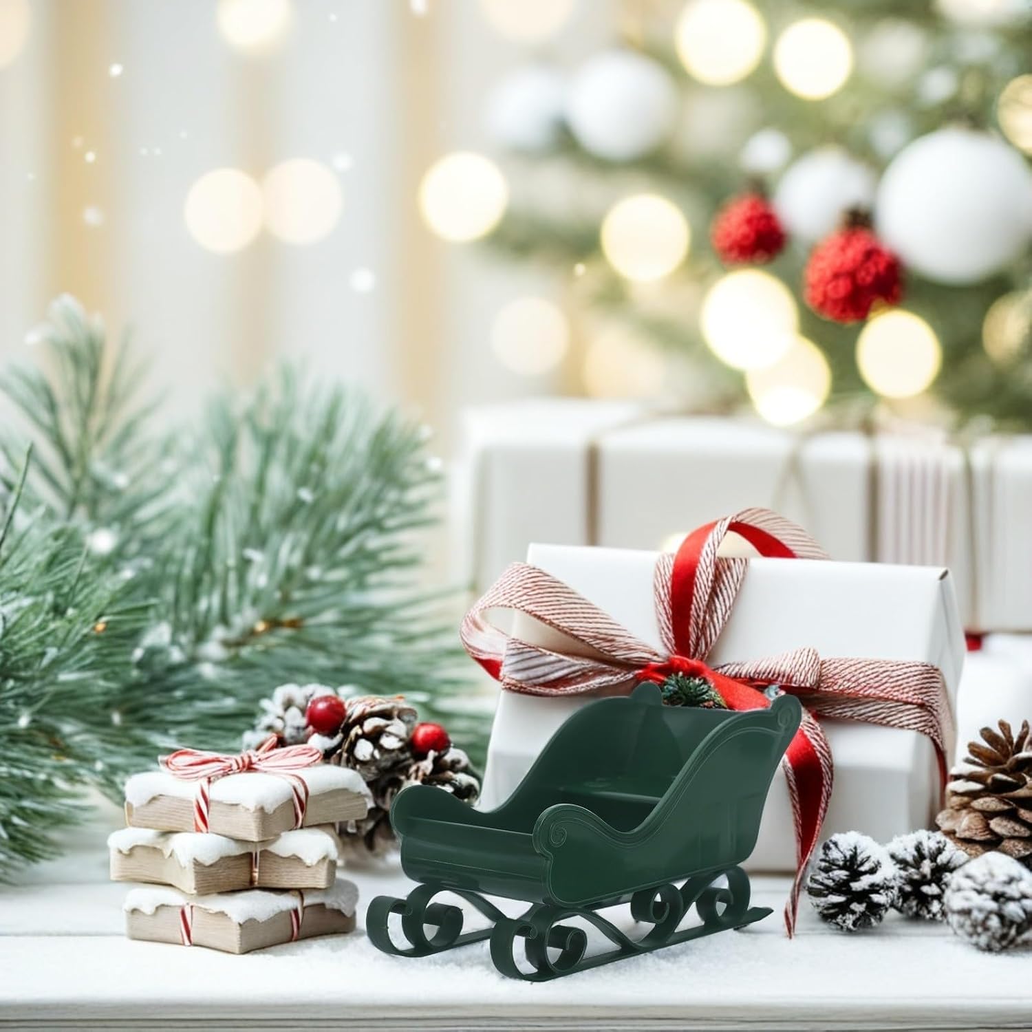 2pcs Green Plastic Christmas Sleigh Decorations, Lightweight Santa Ornament