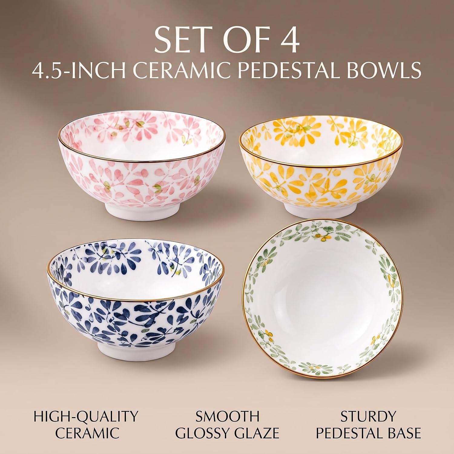 4 - Pack 4.5 - Inch Ceramic Footed Bowls, Smooth Glazed Porcelain Rice Bowls Cereal Bowls Set, Microwave Safe Decorative Serving Bowls for Home Dining (Floral Design)