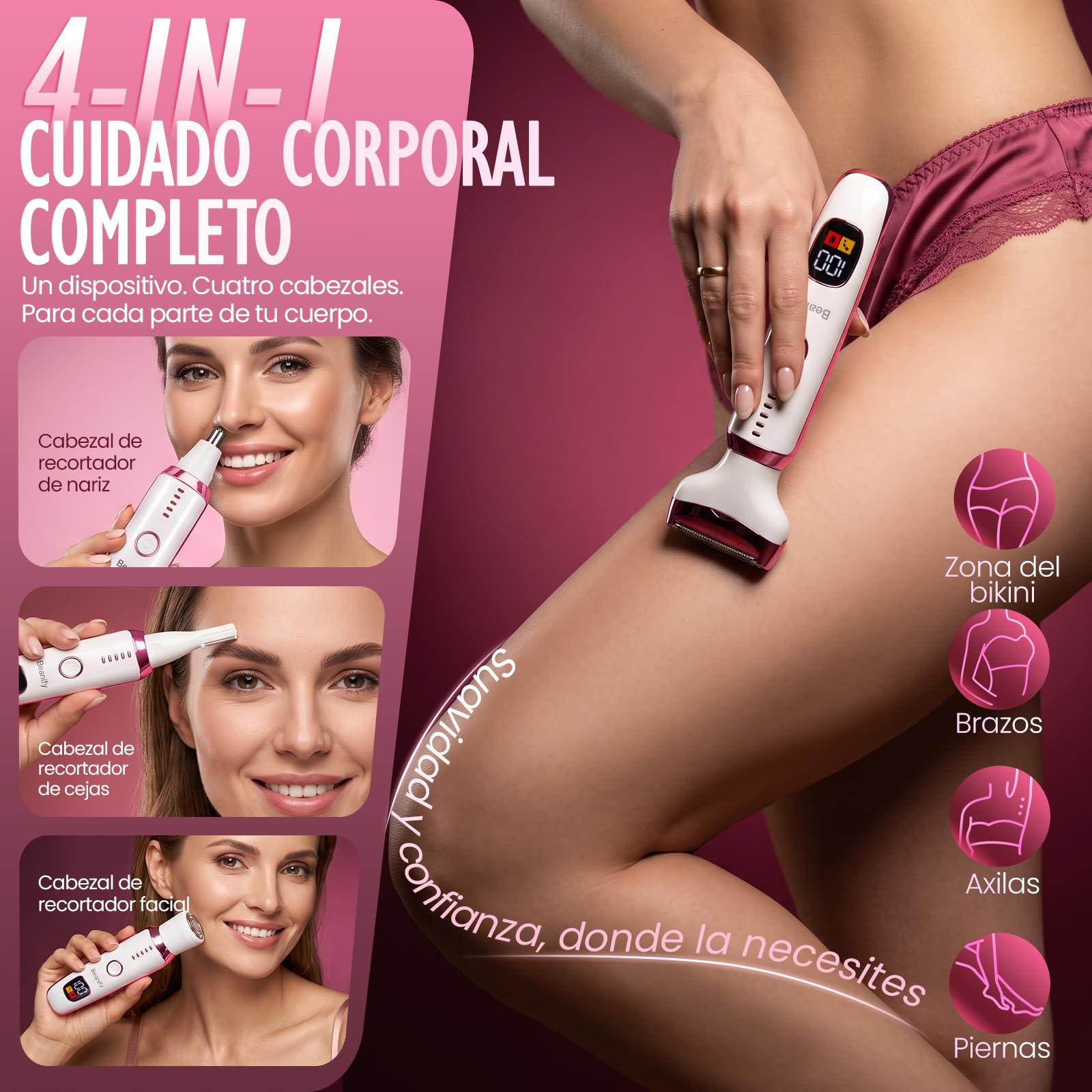 Afeitadora Eléctrica para Mujer con Pantalla LED, Afeitadora Femenina IPX7 Impermeable Uso Húmedo y Seco, Kit de Cuidado Eléctrico 4 en 1 Inalámbrico para Bikini, Rostro