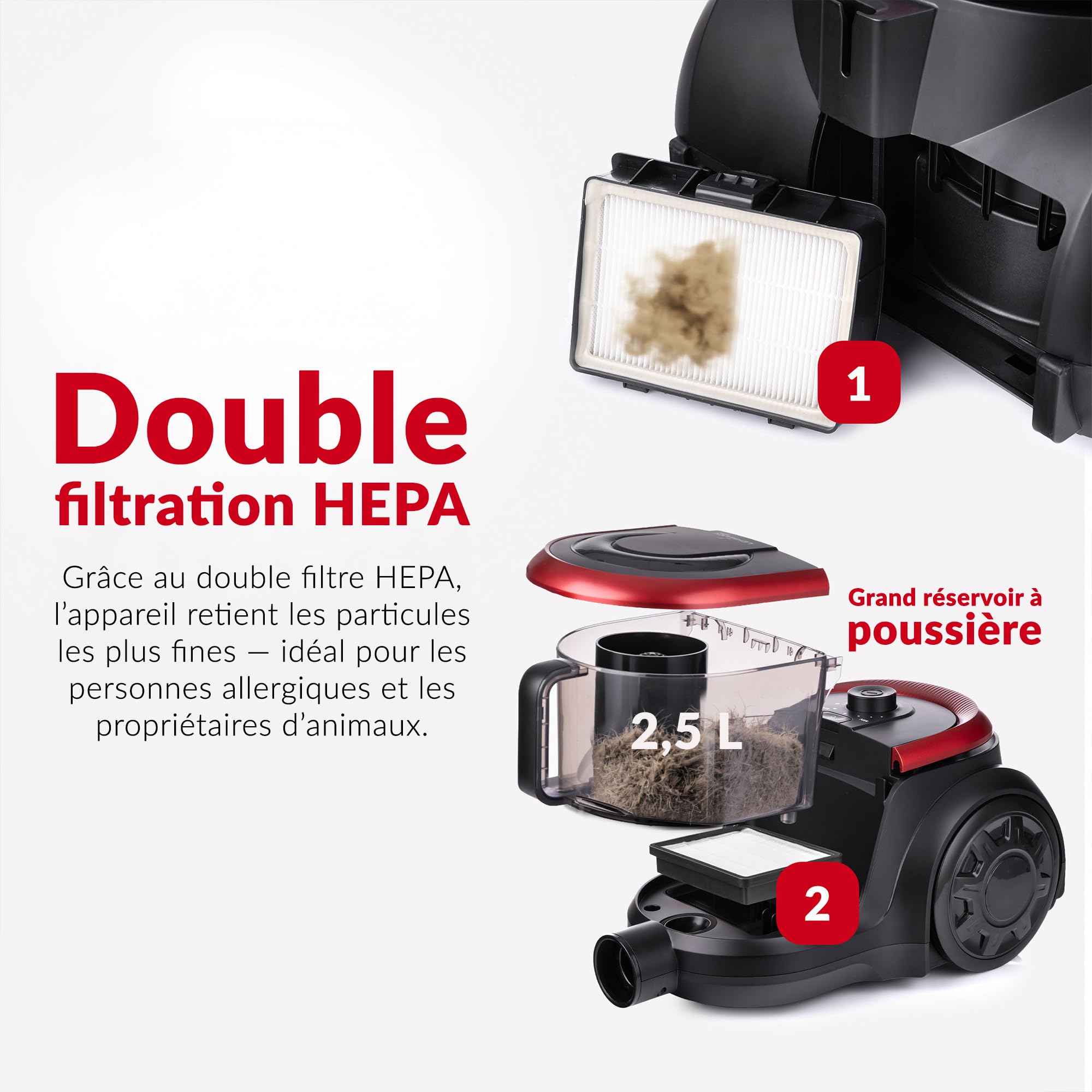 Lehmann Aspirateur sans Sac, Technologie Cyclonique Puissante, Double Filtre HEPA pour Allergiques, Capacité 2,5 L, Compact, Aspirateur Traîneau pour Tapis et Sols, Set d’Accessoires, Noir/Rouge