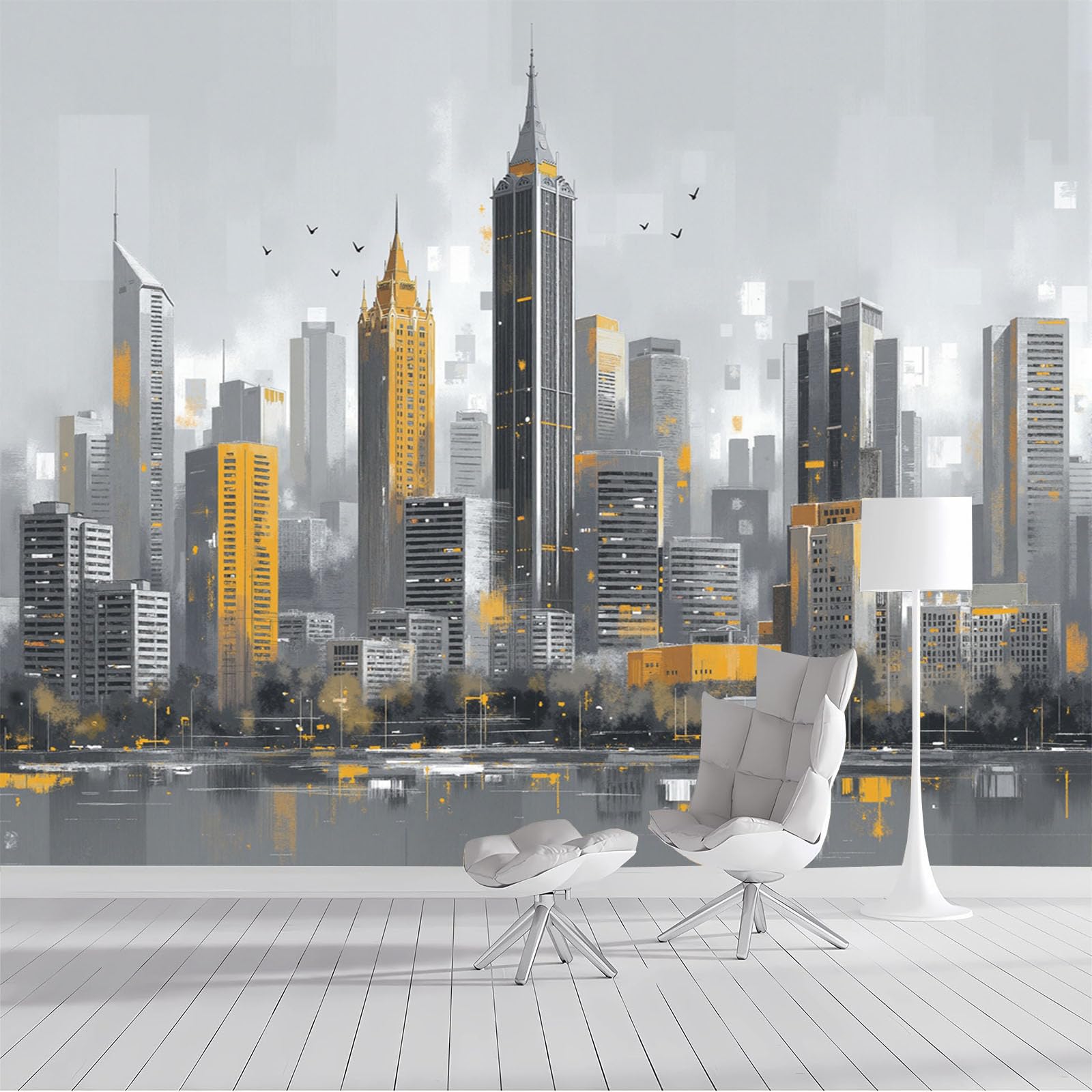 Papier peint ville horizon 3D décoratif pour habiller le fond de mur TV