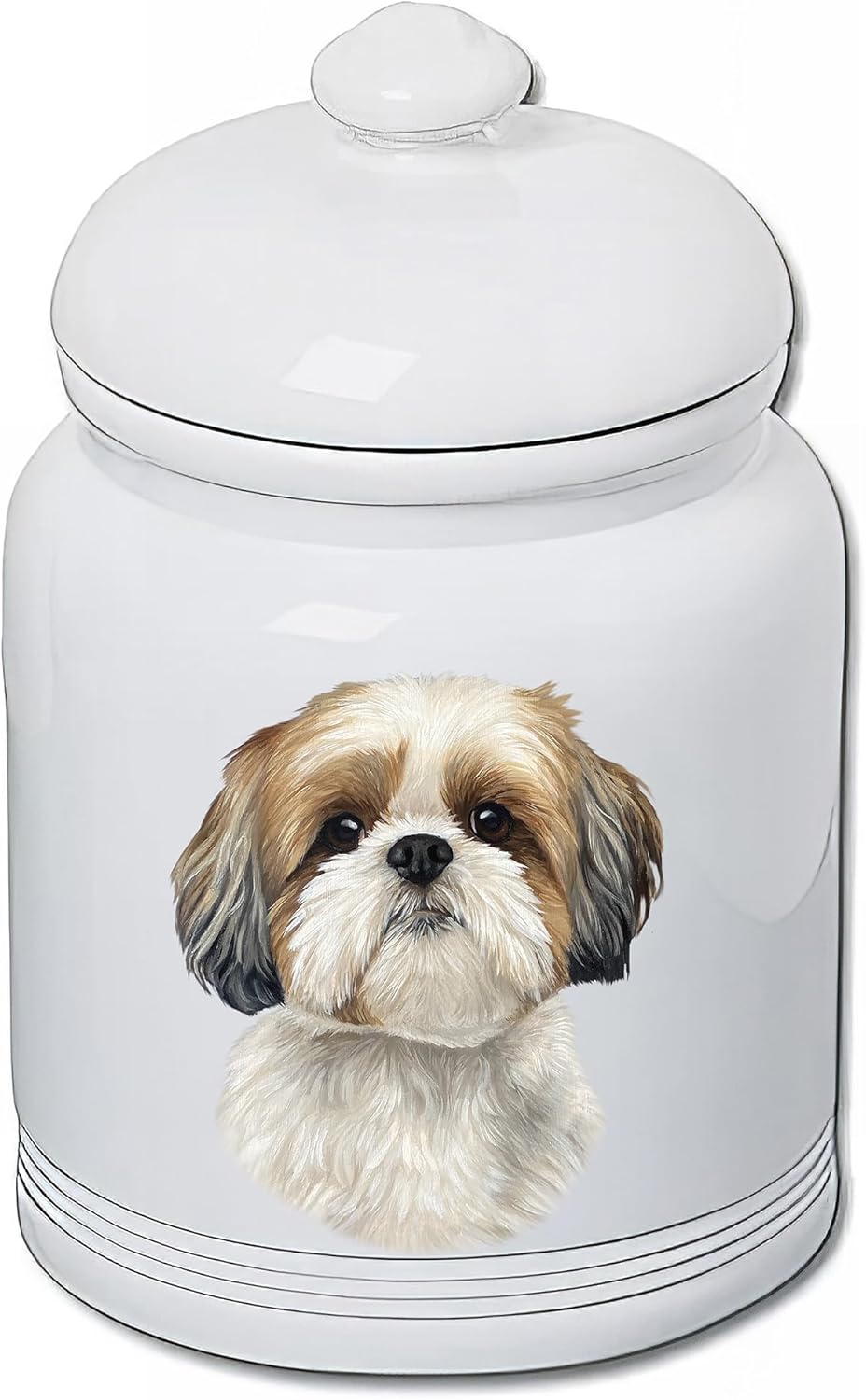 Best of Breed Shih Tzu Gold/White Dog and Cat Ceramic Treat Jar 9" Tall Air Tight Seal All White