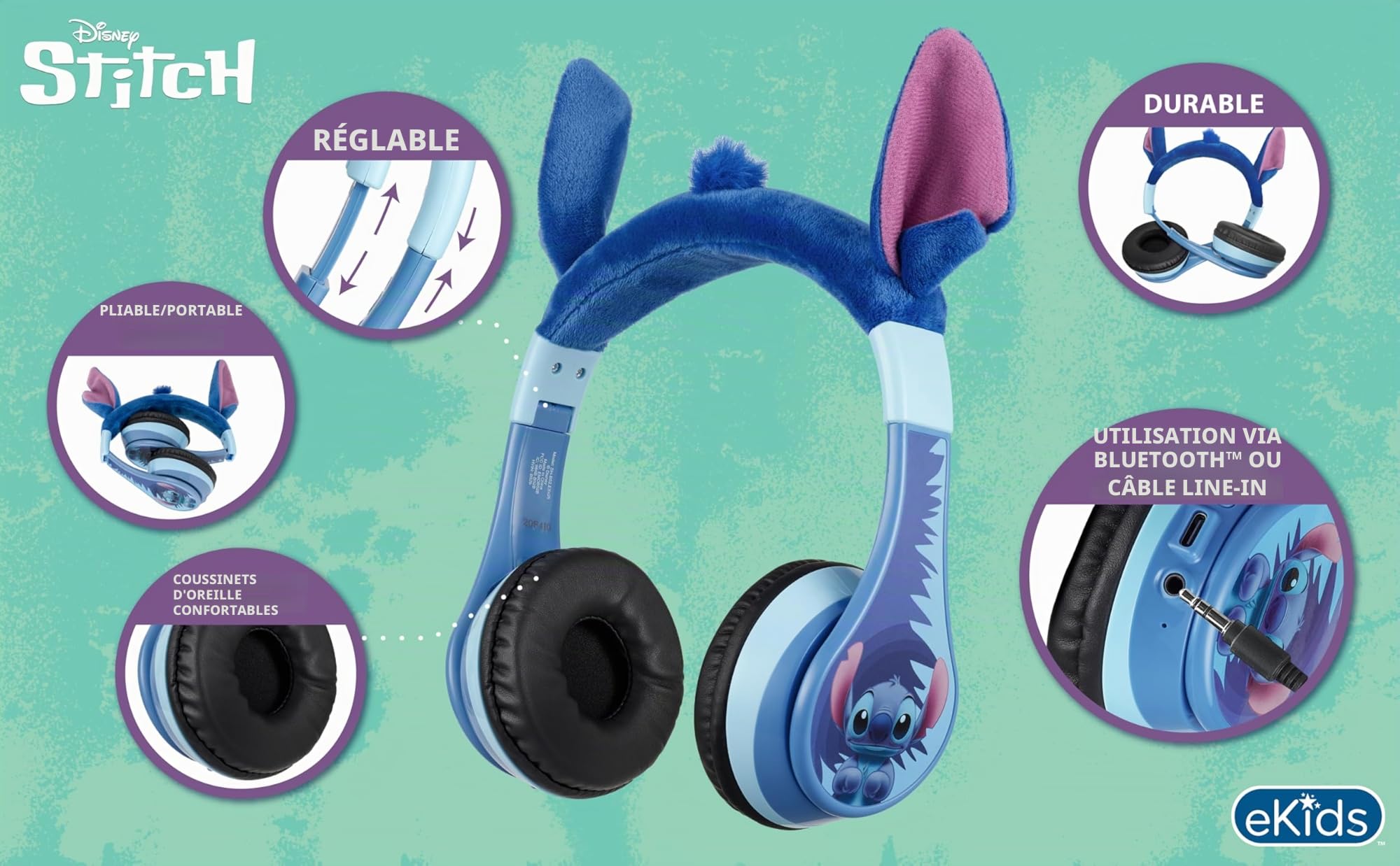 eKids Disney Stitch Casque Bluetooth sans Fil avec Microphone avec Cordon auxiliaire, Volume réduit pour Enfants, pour l'école, la Maison ou Les Voyages